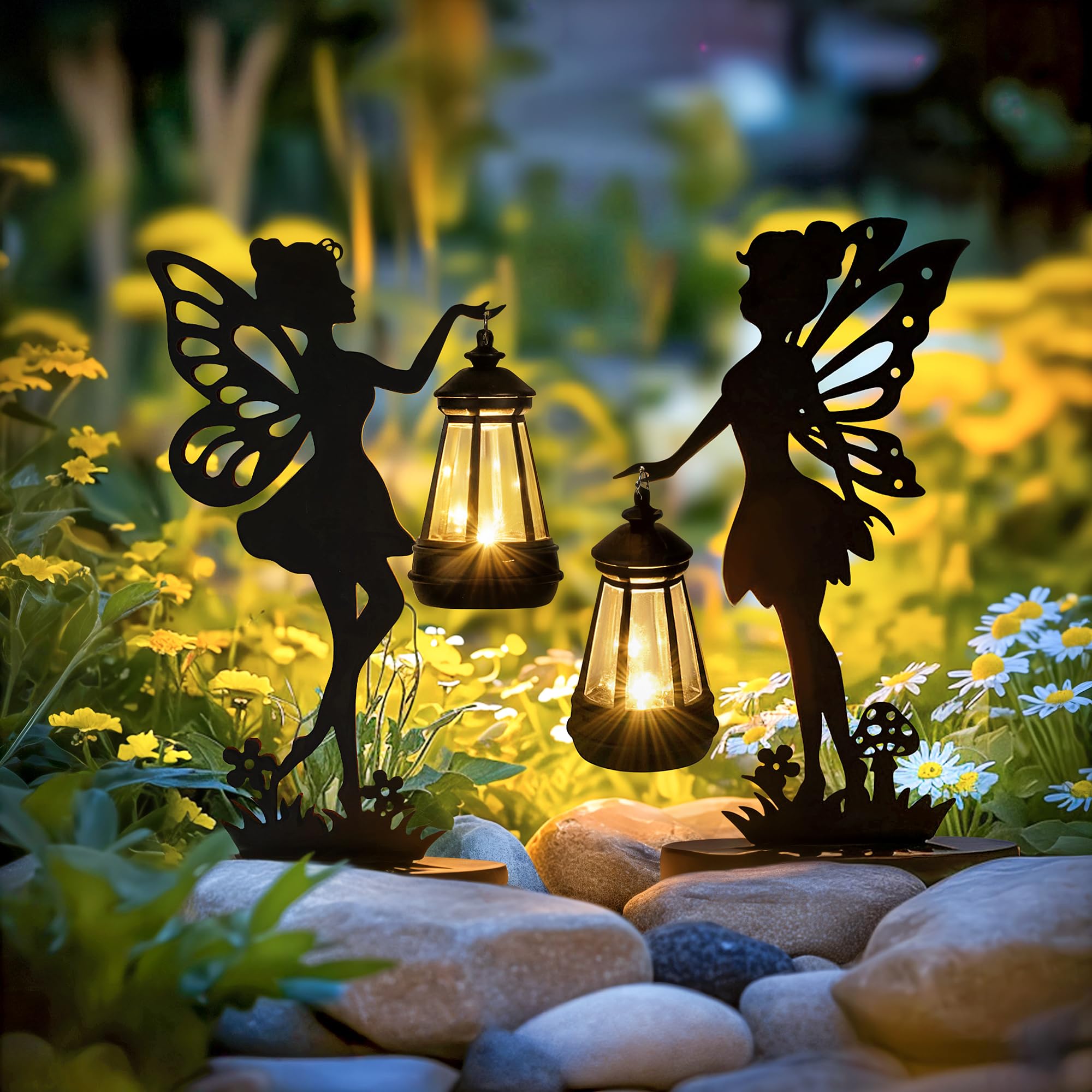 GIGALUMI Eiserne Feenstatue, Gartenornamente, für den Außenbereich, mit solarbetriebenen Lichtern, wasserdichte Gartenstatue, Dekorationen für Terrasse, Hof, einzigartig für Mutter