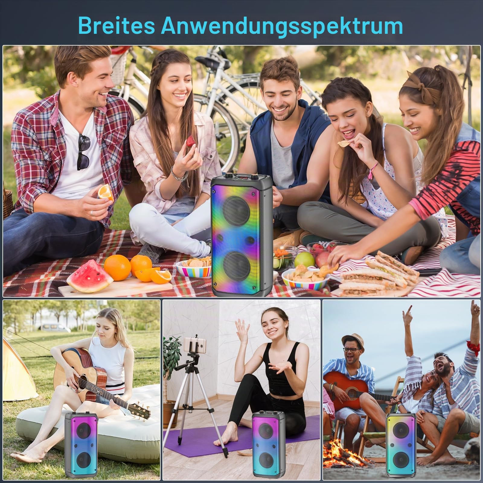 Bluetooth-Lautsprecher, kabellos, 80 W Spitze, kabellos, TWS, tragbare Outdoor-Party-Lautsprecher mit Subwoofer, tiefer Bass, 6 bunte LED-Lichter, lauter Stereo-Sound, Boombox für Party, Zuhause
