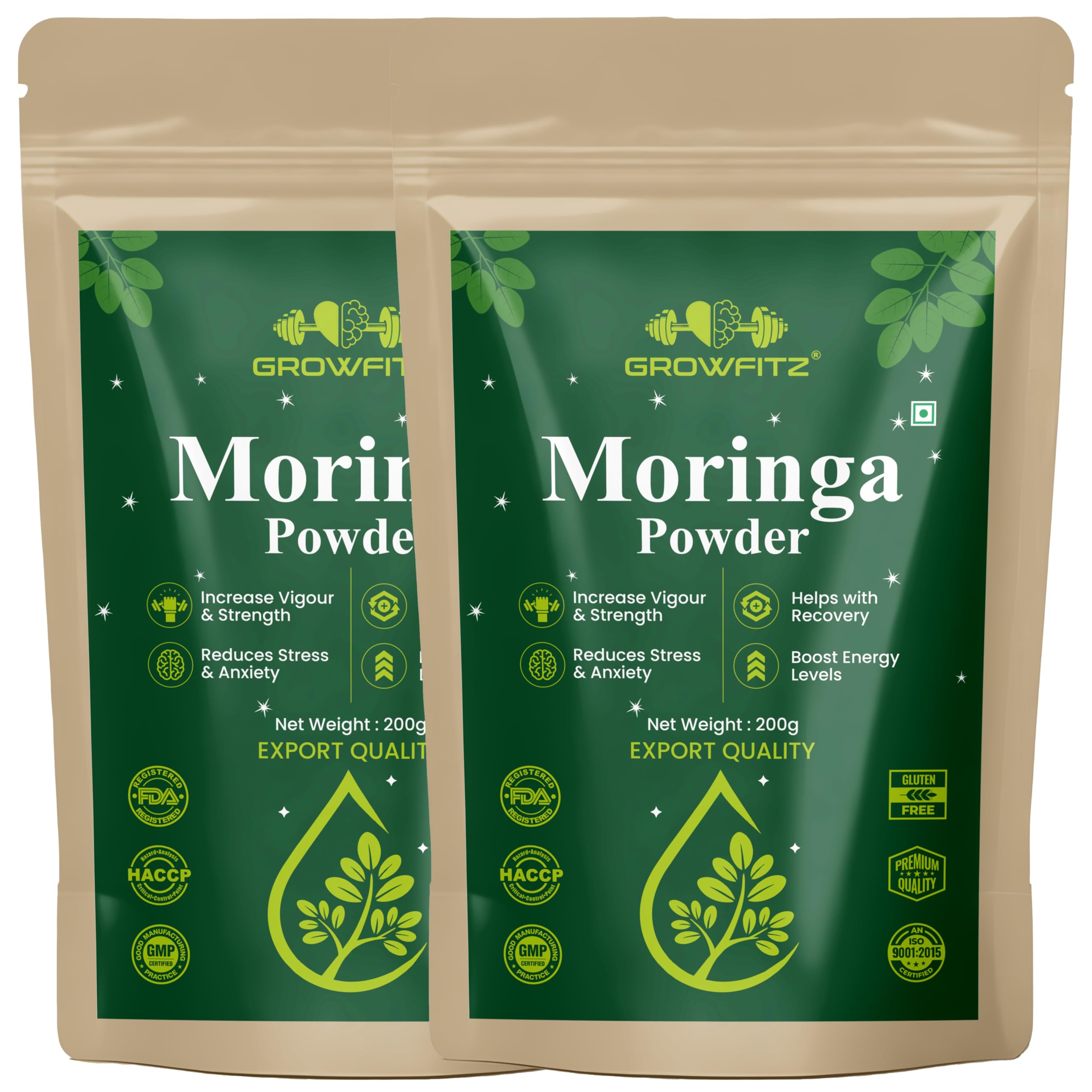 Growfitz 100% Organic Moringa Powder 200g | Healthy Superfood For Weight Loss, Naturally Boost Energy Levels, Multivitamins, Digestion, Stamina, Skincare | Rich in Nutrients (Pack of 2)