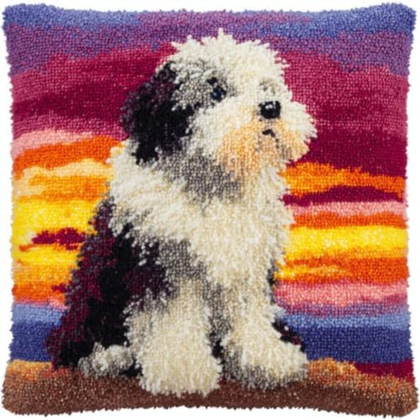 kitphoenix DIY Latch Hook Cushion Kit Old English Sheepdog Sit and Sunset,Beginner-Friendly Rug Hooking Pillow Kit,Crochet Craft Cushion Cover for Home Decor,43x43 cm-2