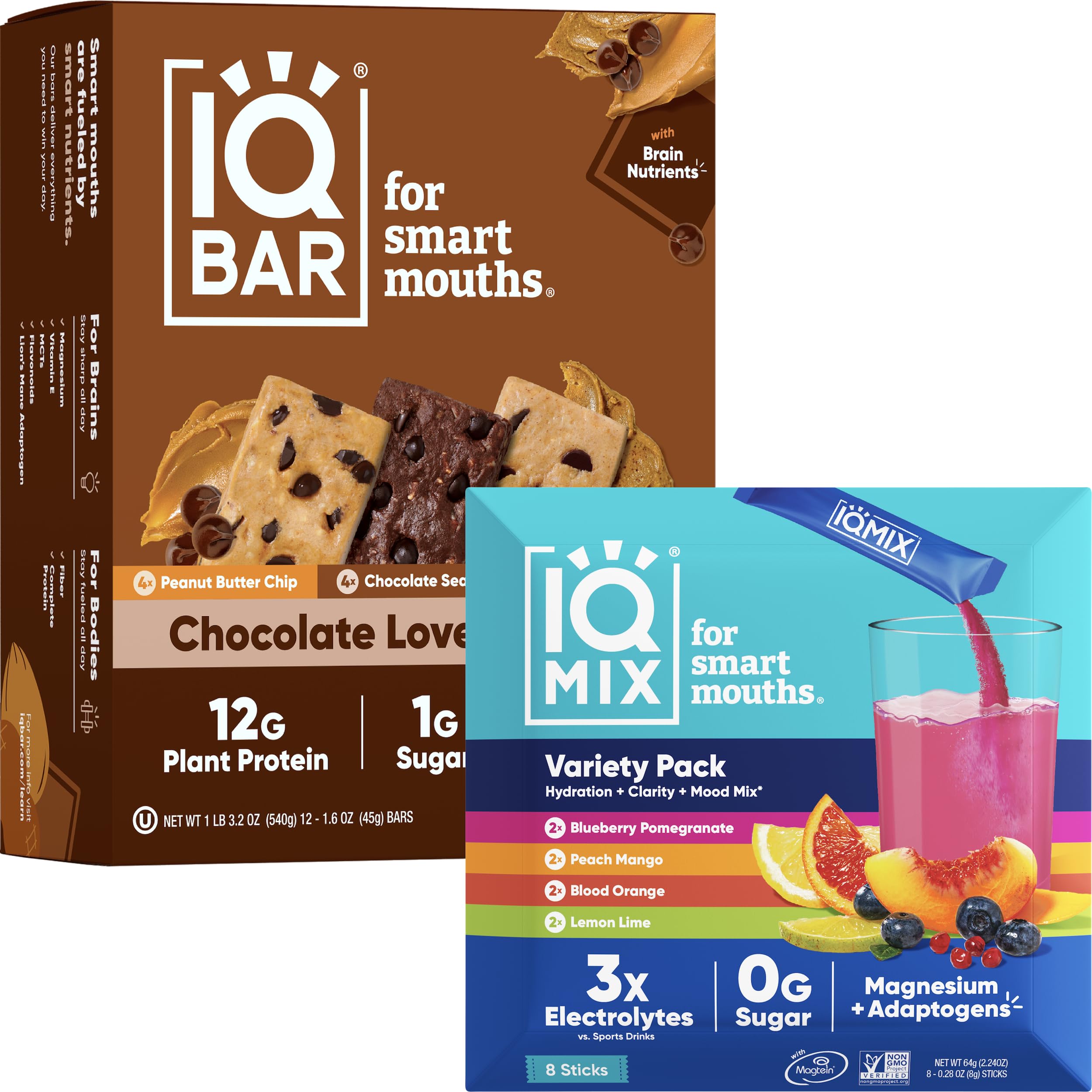 IQBAR Brain and Body Keto Protein Bars - 12 Count Chocolate Lovers Variety Low Carb, Vegan Bars & IQMIX Sugar Free Electrolyte Powder Packets - 8 Count Sampler Pack Keto Electrolytes with Lions Mane