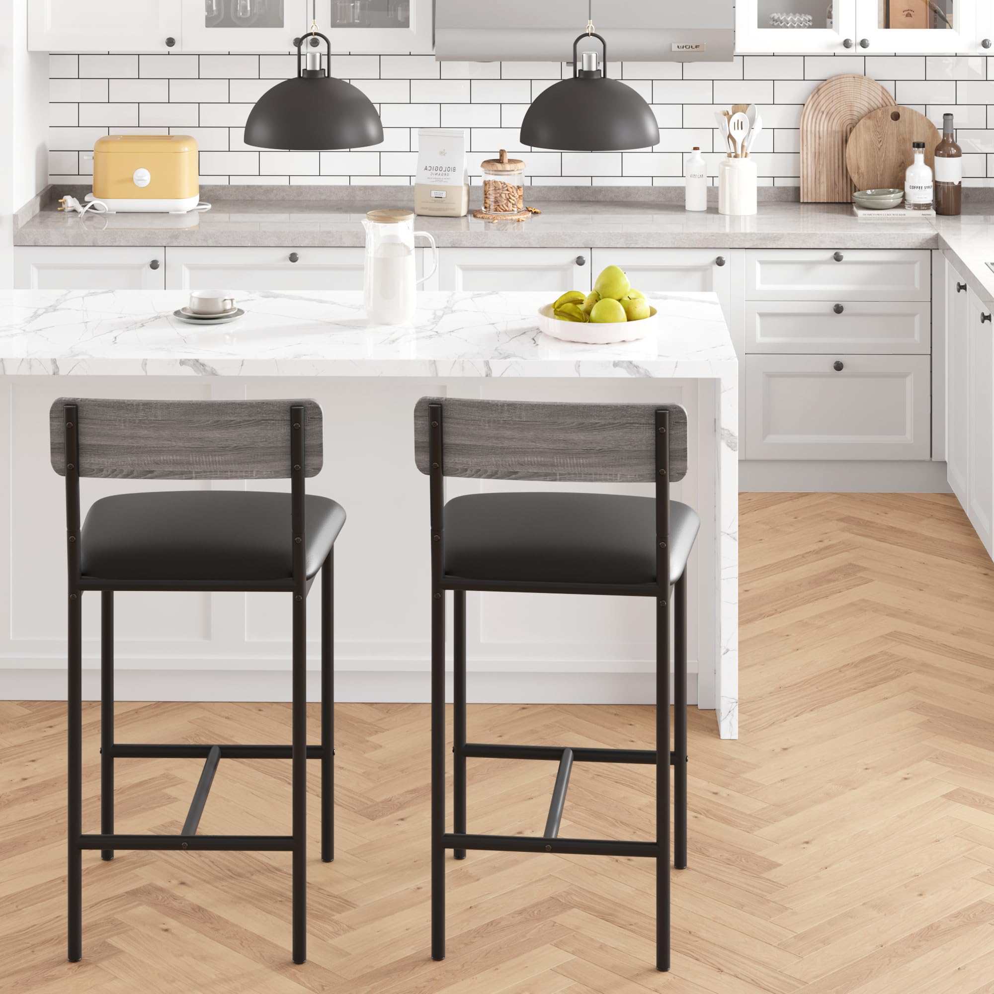 2er Set Barhocker mit Fußstütze, 64,8 cm hohe gepolsterte Thekenhocker mit Rückenlehne, Moderne Küchenhocker für Tresen, Insel, Küche – einfache Montage, Grau