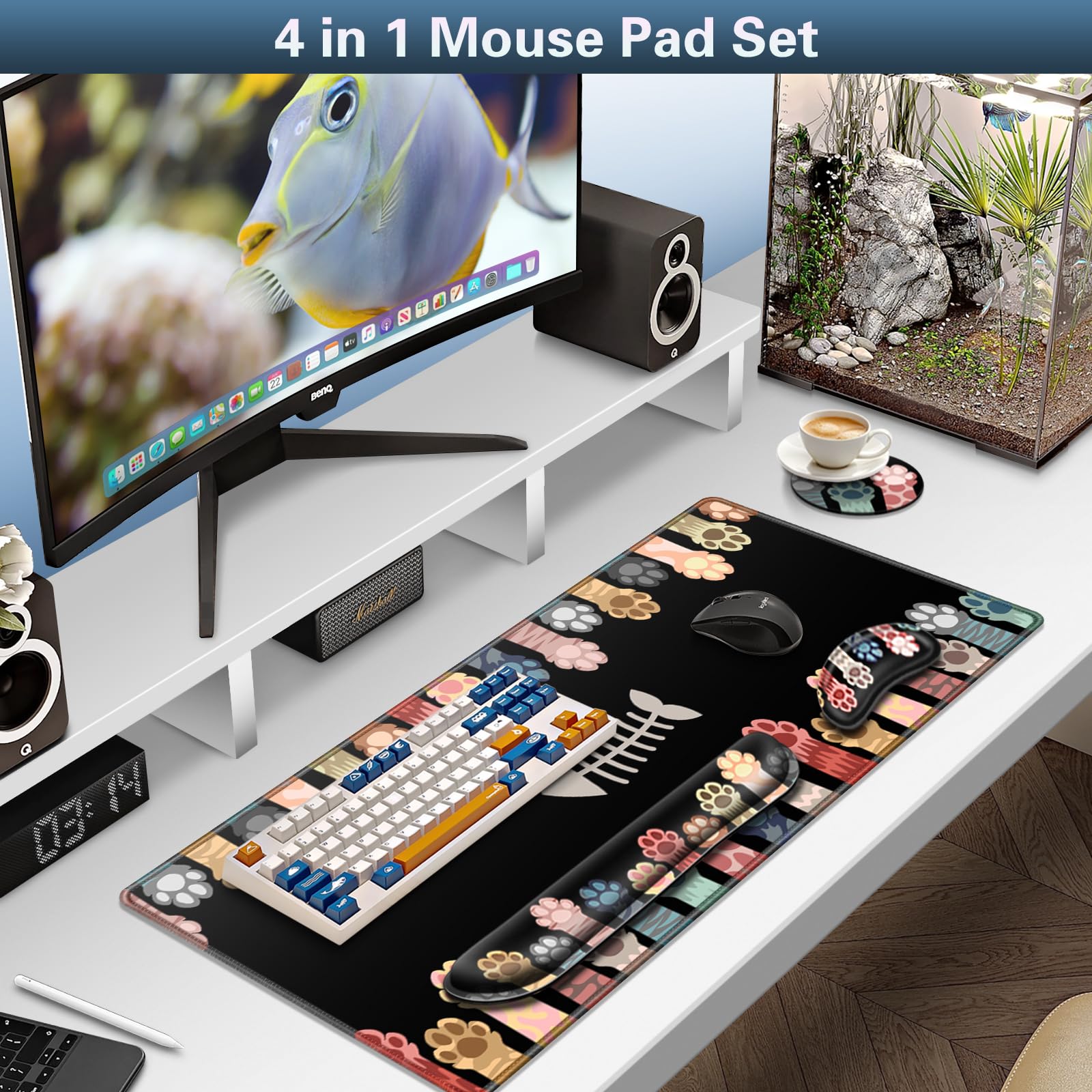 Canjoy Set di tappetino per mouse 4 in 1 XXL con motivo a zampe di gatto, tappetino per mouse grande + supporto per tastiera e poggiapolsi + sottobicchiere, tappetino da scrivania esteso in memory