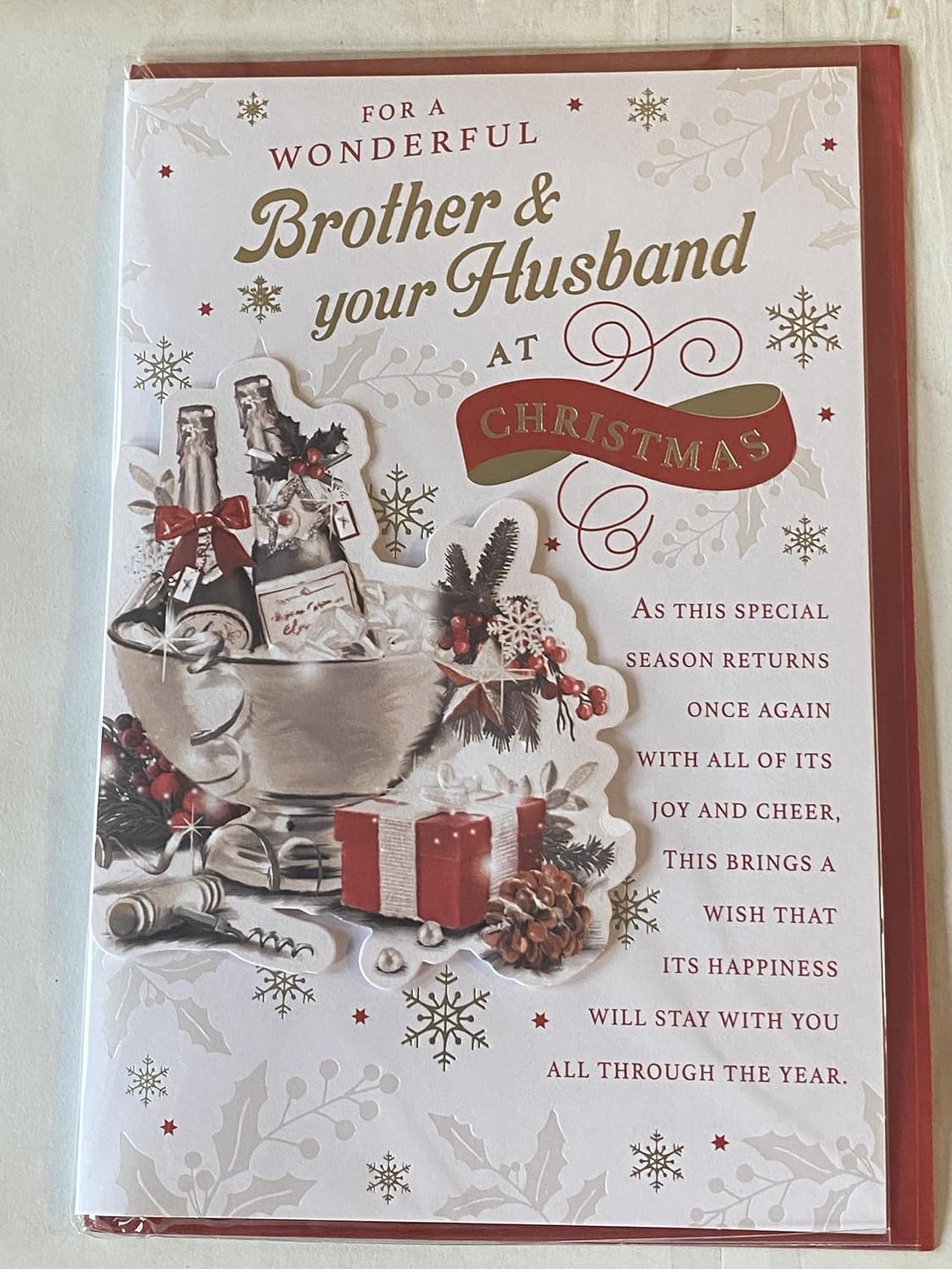 Weihnachtskarte Für Bruder & Ehemann – Mit Champagner-Deko & 3D-Folie – Ca. 23x15 Cm