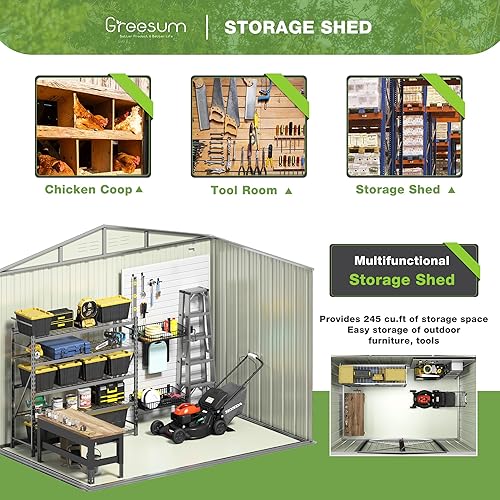 Miniatura 6 de Greesum Cobertizo de almacenamiento de metal para exteriores, 8 x 6 pies, cobertizo de herramientas de acero con puerta y cerradura, cobertizos de