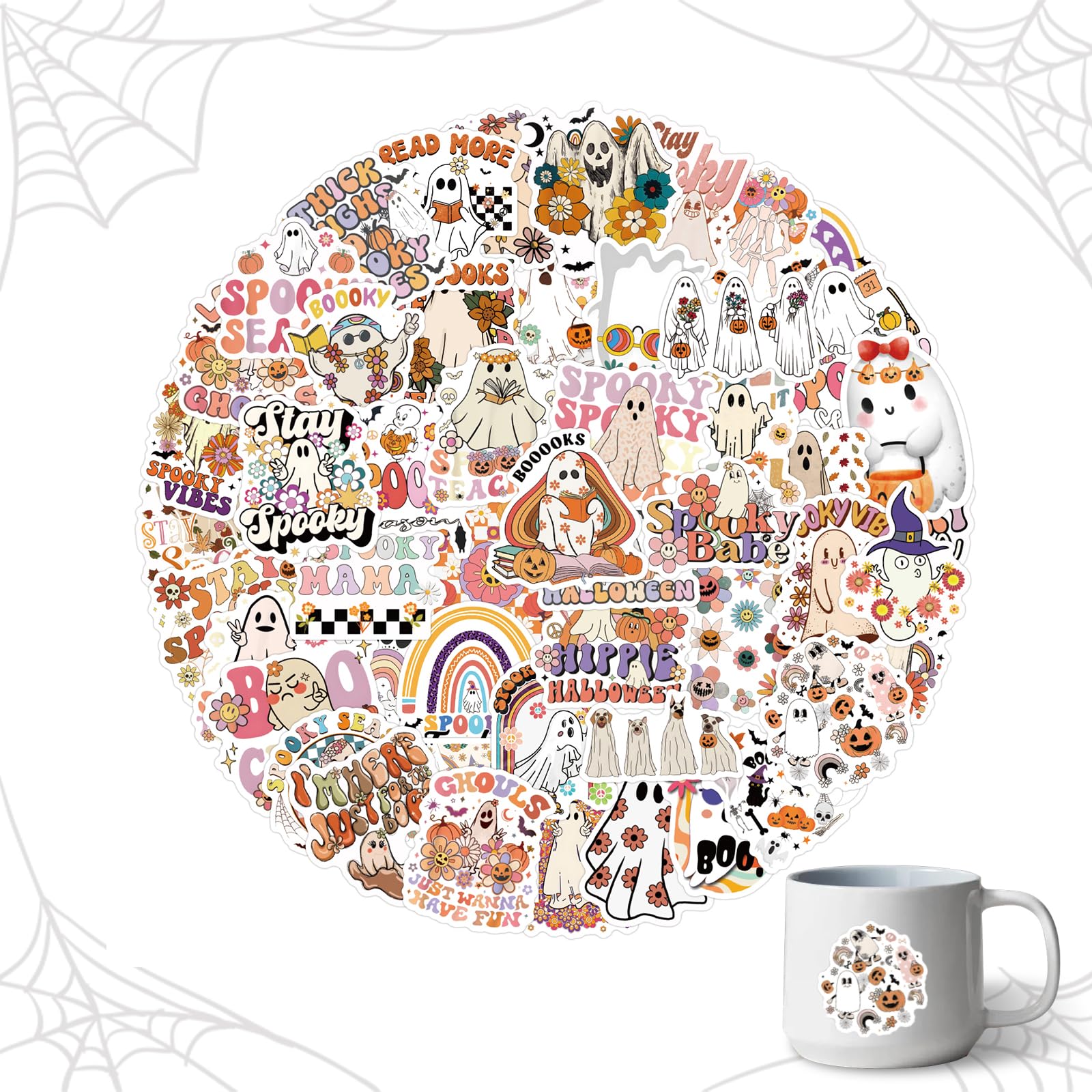 SJUNJIE 100 Pièces Halloween Stickers Fantôme Stickers Preuve De L'eau Autocollants Fantômes Imperméables Pour Enfants Convient Aux Gobelets à Eau Ordinateurs Skateboards Motos