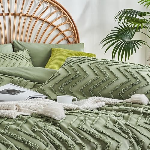 Miniatura 5 de KAKKI Juego de edredón y sábanas de 7 piezas tamaño King en una bolsa, diseño de cheurón verde salvia, juego completo de ropa de cama de microfibra