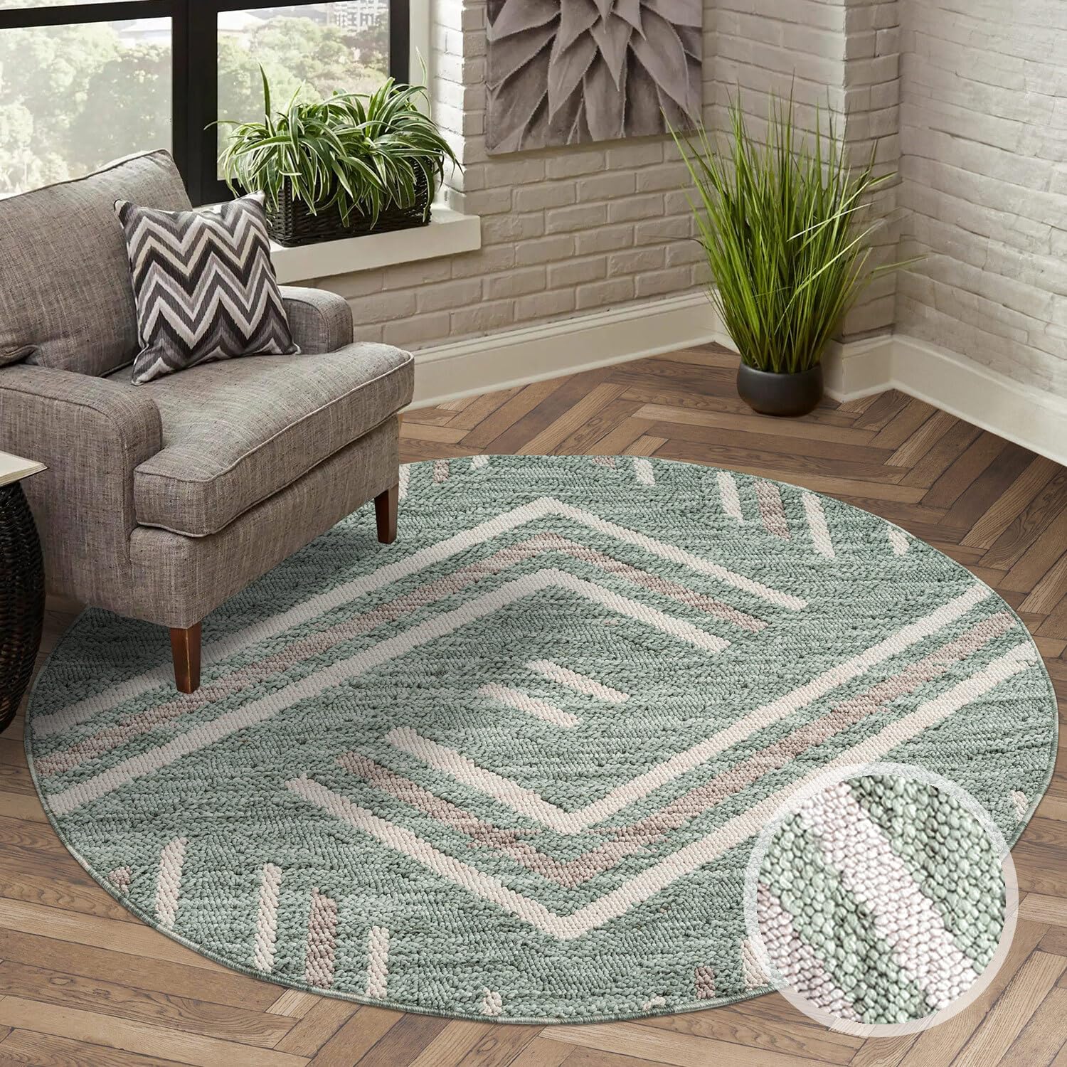 carpet city Alfombra de pelo corto para salón, color verde, 160 x 160 cm, redonda, estilo bohemio