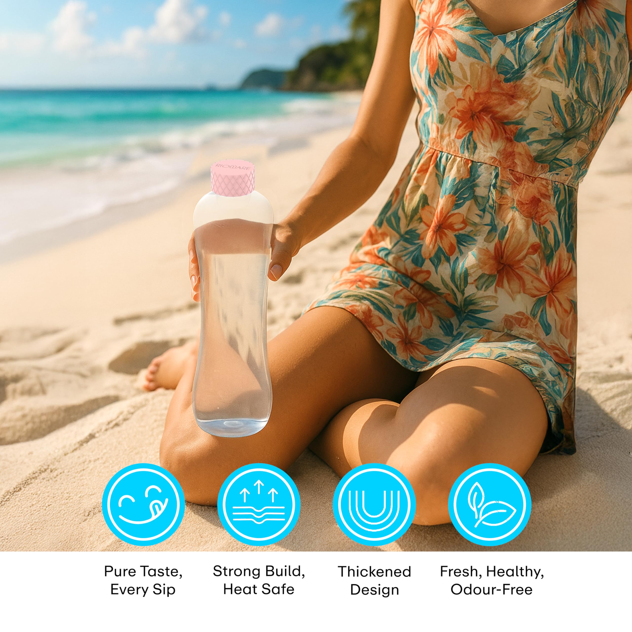 Rioware Botella de agua de vidrio de 1 litro, tapa hermética, a prueba de fugas, tapa de silicona, botellas de agua para nevera, hogar, oficina y gimnasio (rosa, paquete de 2)