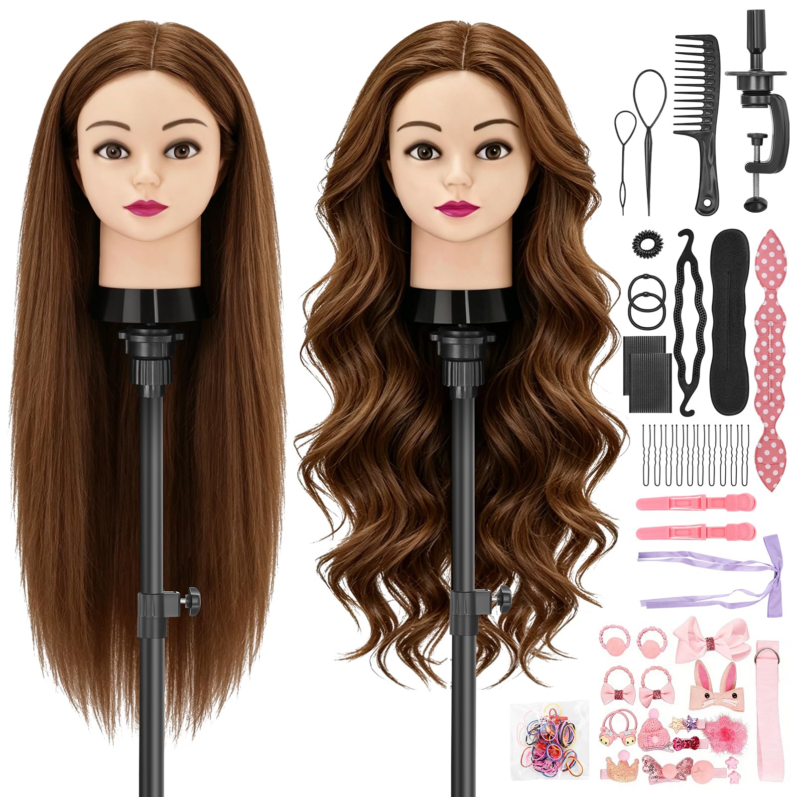 TwoWin Frisierkopf 80% Echthaar, Übungskopf 24 Zoll /60cm Friseurkopf, Trainingskopf für Friseure für Styling & Friseurpraxis mit Tischhalter + DIY Haare Frisuren Set (Braun)