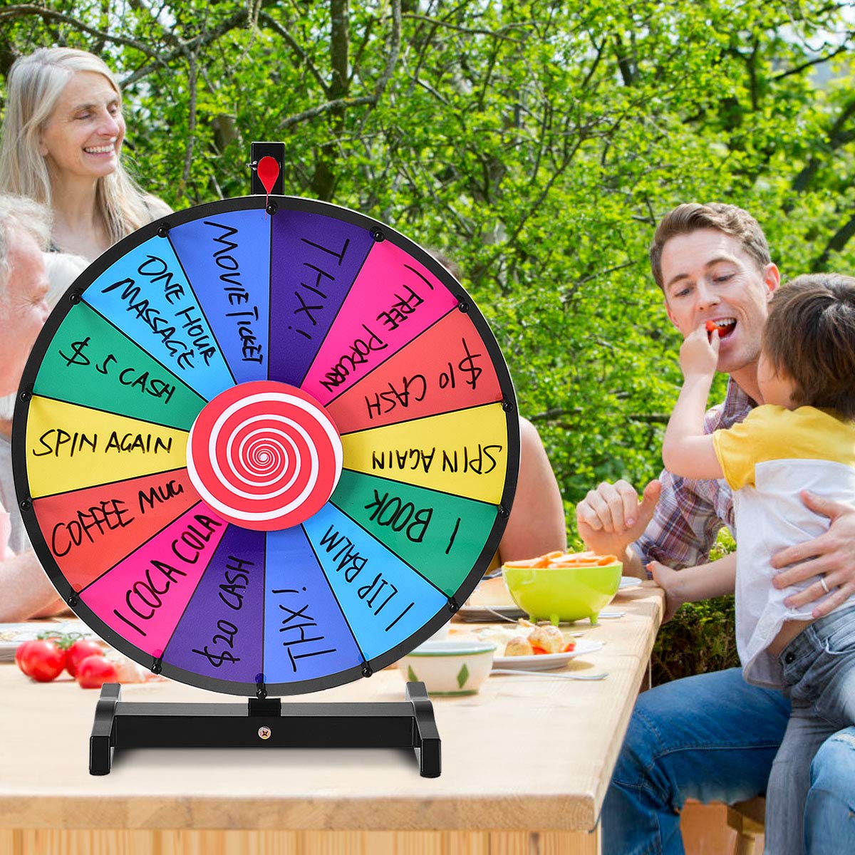 DREAMADE 18 Zoll Glücksrad zum drehen, Tischglücksrad für Lotteriespiele Wheel of Fortune Bunt, Preisrad mit Kompletten Zubehör, für Werbung Wortspiele (φ46cm 14 Farbfächer)