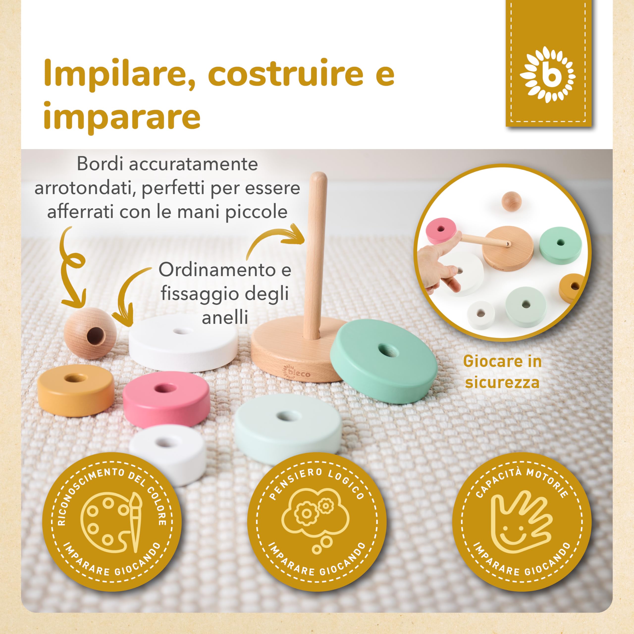 BIECO Torre impilabile Baby Berry | Legno sostenibile FSC® | 19 cm | Gioco a incastro da 1 anno di anelli impilabili in legno per bambini