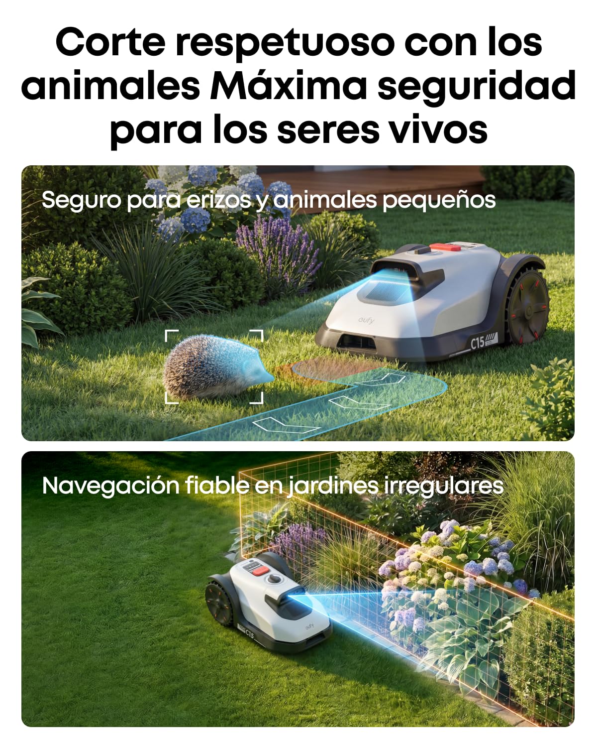 Robot cortacésped Eufy C15 sin Cable delimitador, con Garaje, 500 m², TrueVision, sin RTK, sin Problemas de señal, mapeo automático, protección contra erizos, navegación Inteligente.