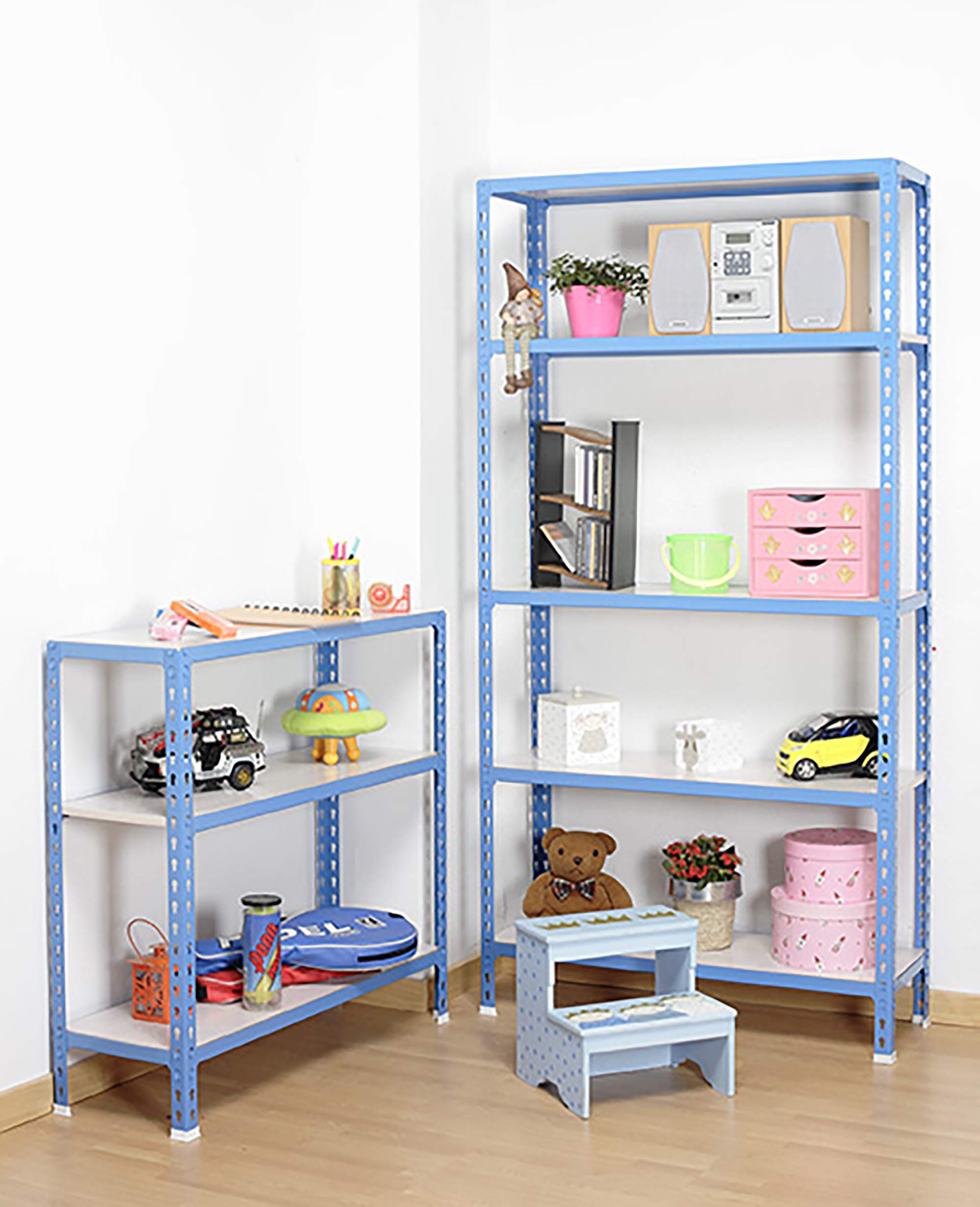 Simon Rack Étagère Rangement à 3 Niveaux, 180 kg Capacité de Charge et Point de Flexion, 900x1000x500 mm, Étagère Charge Lourde, Étagère Garage, Bleu/Blanc - Simonclick