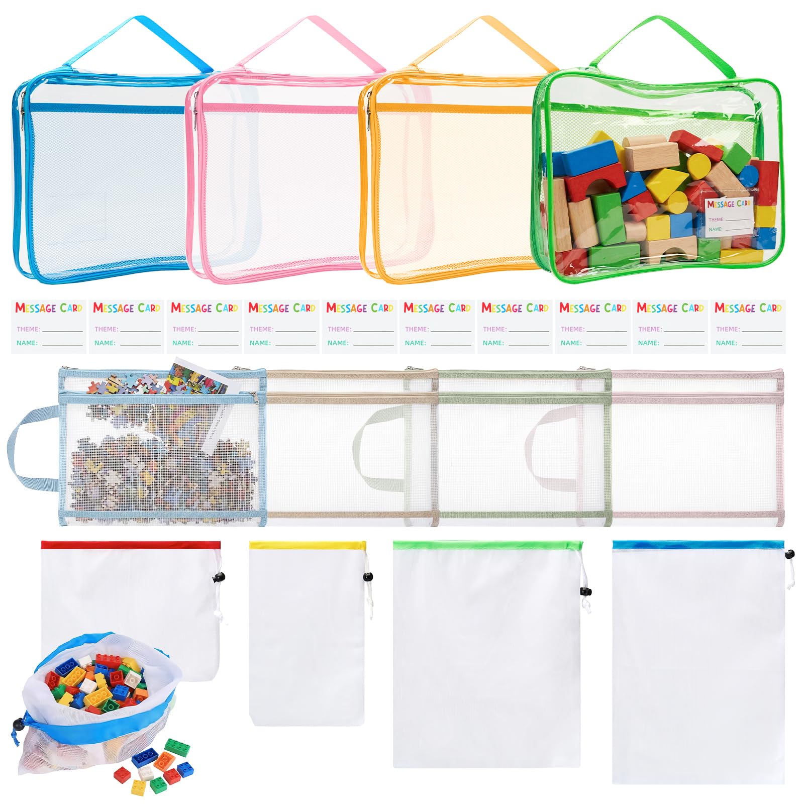 12 Pcs Toy Storage (Larger than others Organization Mesh Bags with Drawstring, PVC Waterproof Organizer Bags, Clear Zipper Toy Storage Bags with Handles,Name Tag 10 Memo Cards) for Grocery