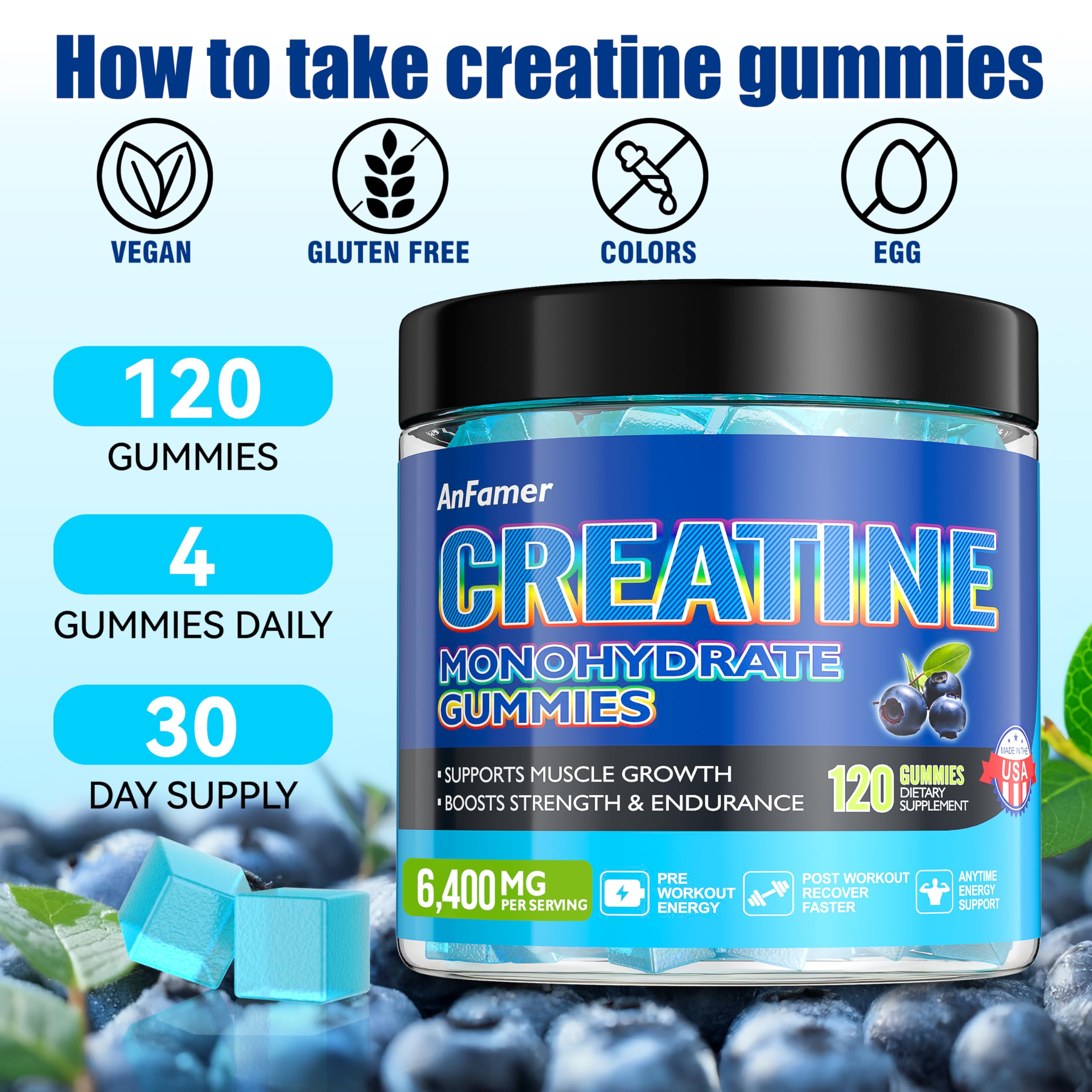 Creatine Monohydrate Gummies for Men & Women, Increase Strength and Build Muscle, Energy & Booty Gain, Preworkout Supplement, Sugar Free, Vegan, Chewables Blueberry Flavor-120 Count