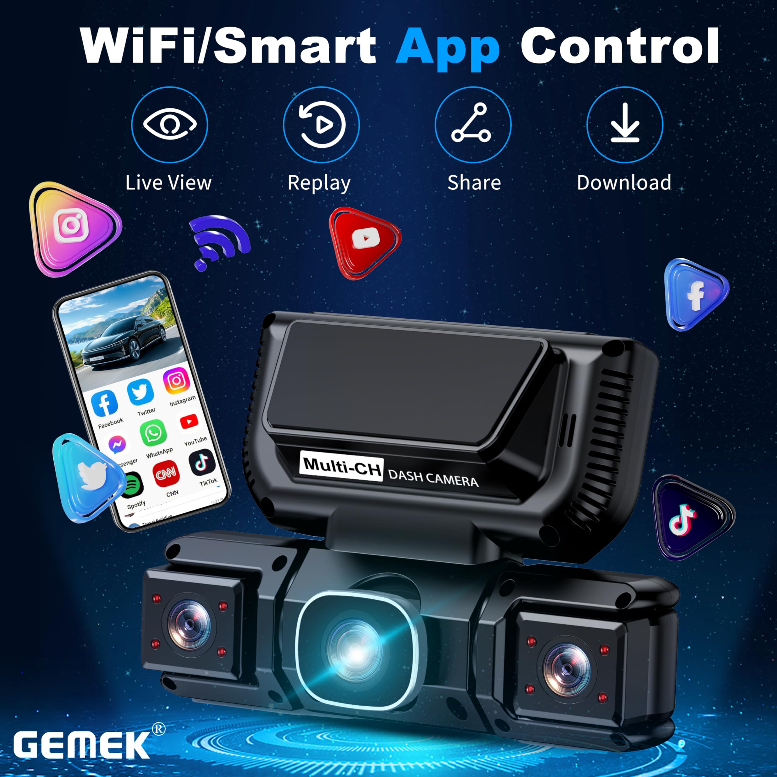 Videocamera da cruscotto a 360 gradi a 4 canali con WiFi 5G e controllo tramite app, GEMEK 2K anteriore e posteriore, videocamera da cruscotto sinistra e destra per auto, scheda TF da 64 GB in omaggio