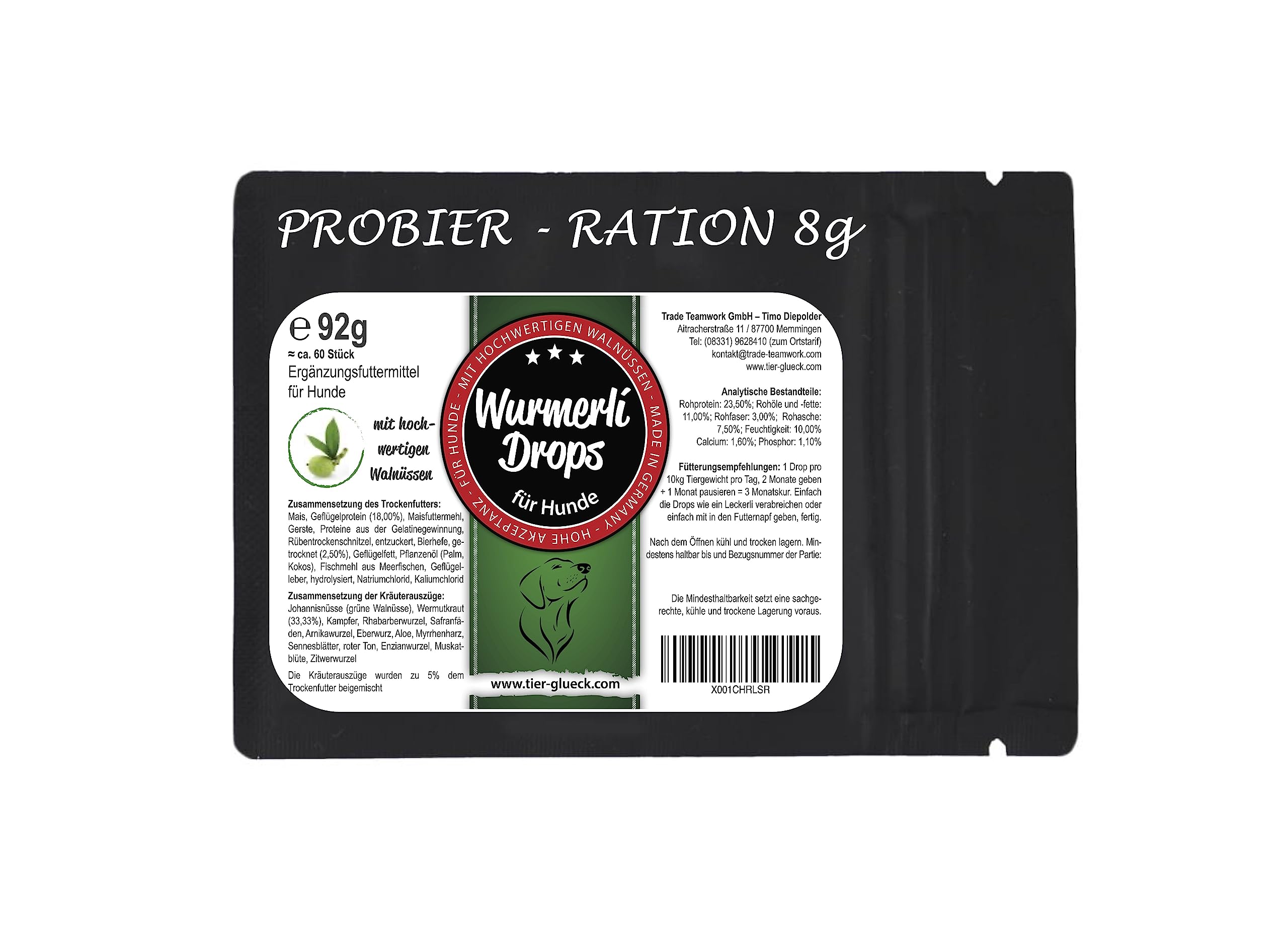 Wurmerli ® - Drops für Hunde (PROBIERPAKET) / Leckerli mit Kräuterextrakten, wie z.B. Wurmkraut, Angelikawurzel, Aloe und grüner Walnuss, 8g / Made in Germany