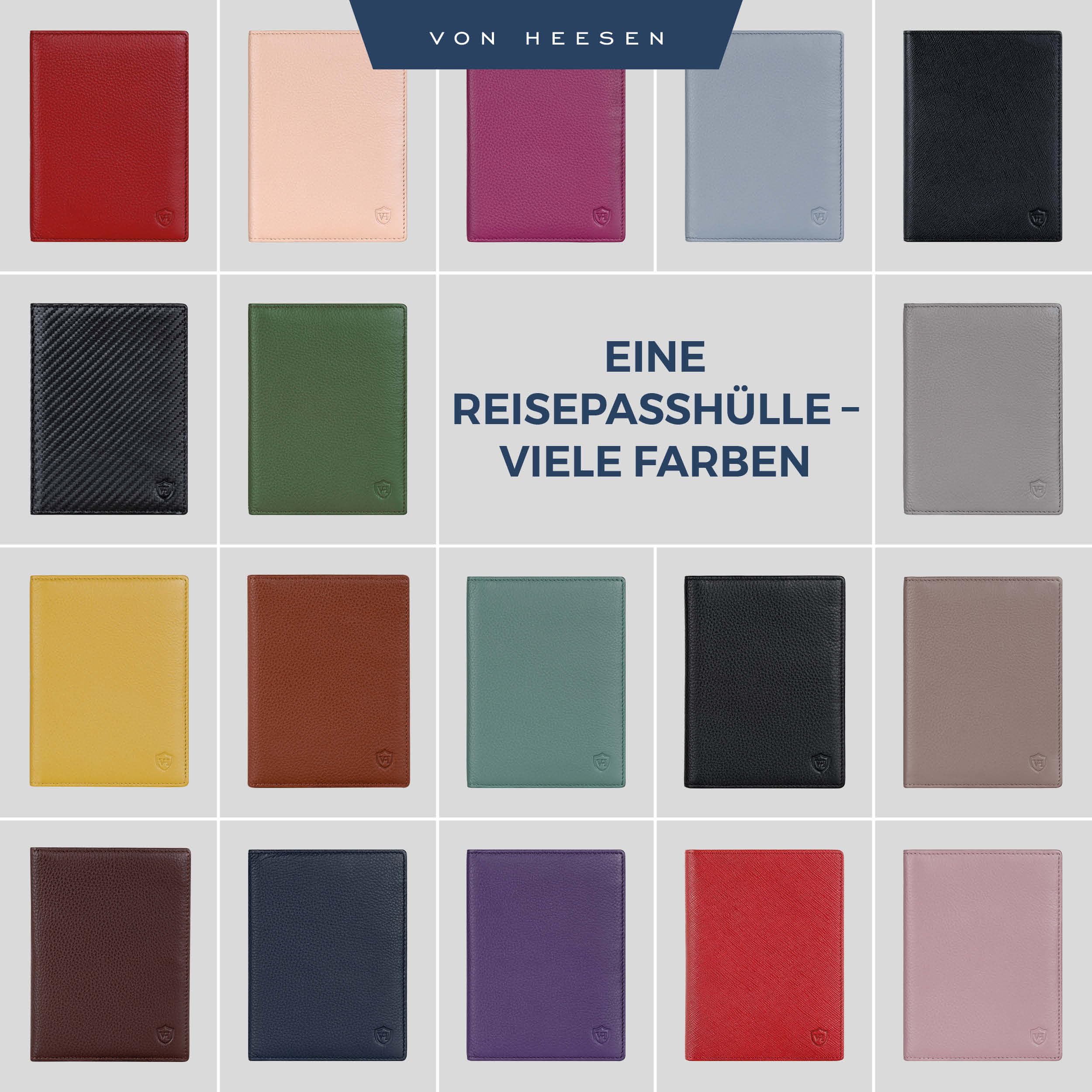 VON HEESEN Funda de piel para pasaporte con protección RFID para hombre y mujer, gris, Funda para pasaporte