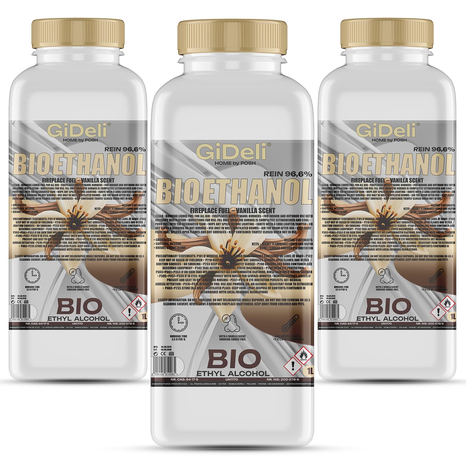 GiDeli Bioetanol 3 x 1 l de aroma a vainilla 96,6% etanol para chimeneas interiores y exteriores, sin humo ni hollín, de maíz y remolacha azucarera