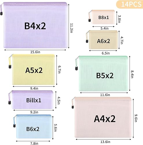 Miniatura 2 de EOOUT 14 bolsas de malla con cremallera, 8 tamaños, bolsas impermeables con cremallera, bolsa de plástico impermeable para documentos de 7 colores,