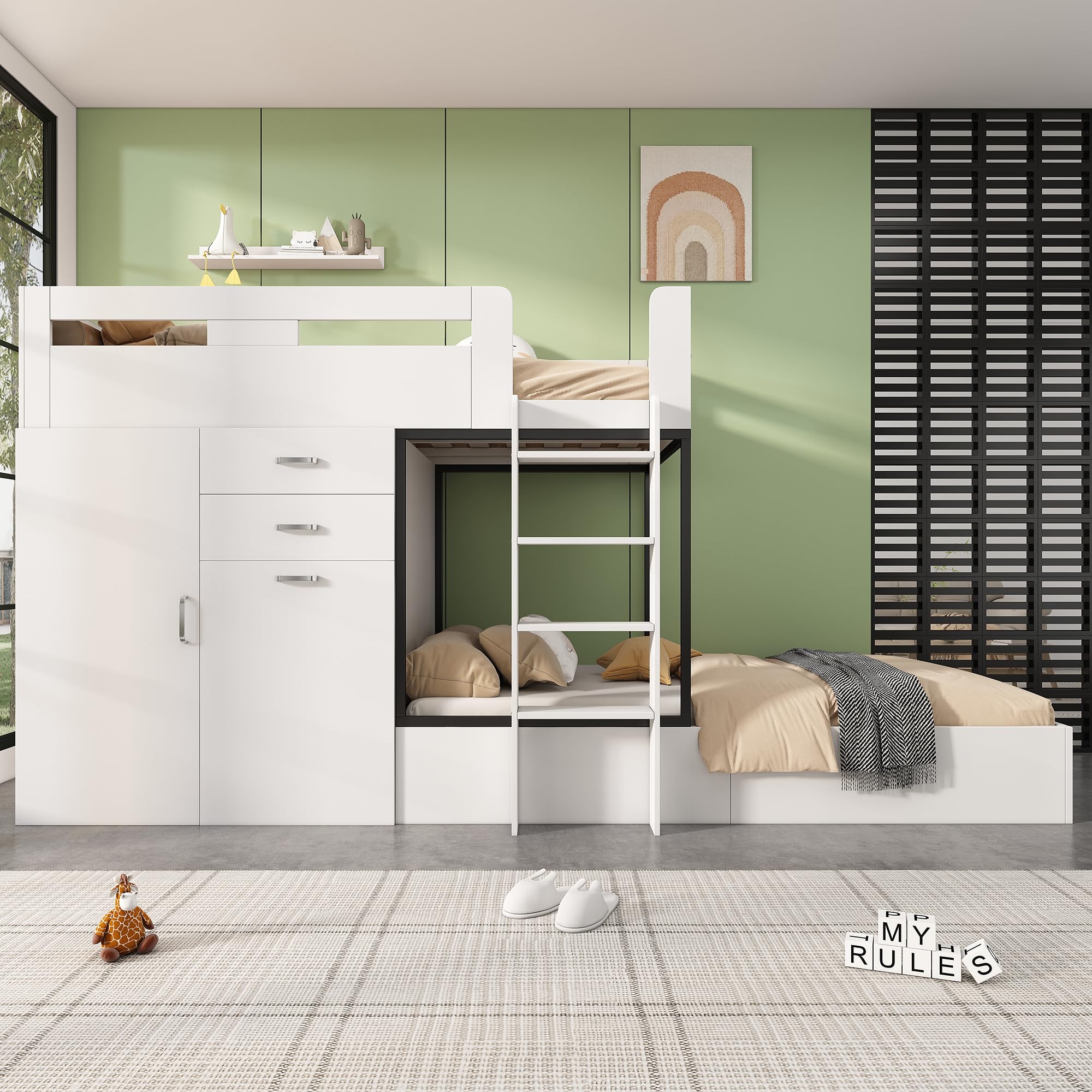 Moimhear Letto a castello con scrivania allungabile e armadio, letto a castello per bambini, con cassetto, ripiani e scale, senza materasso, 90 x 200 cm, bianco