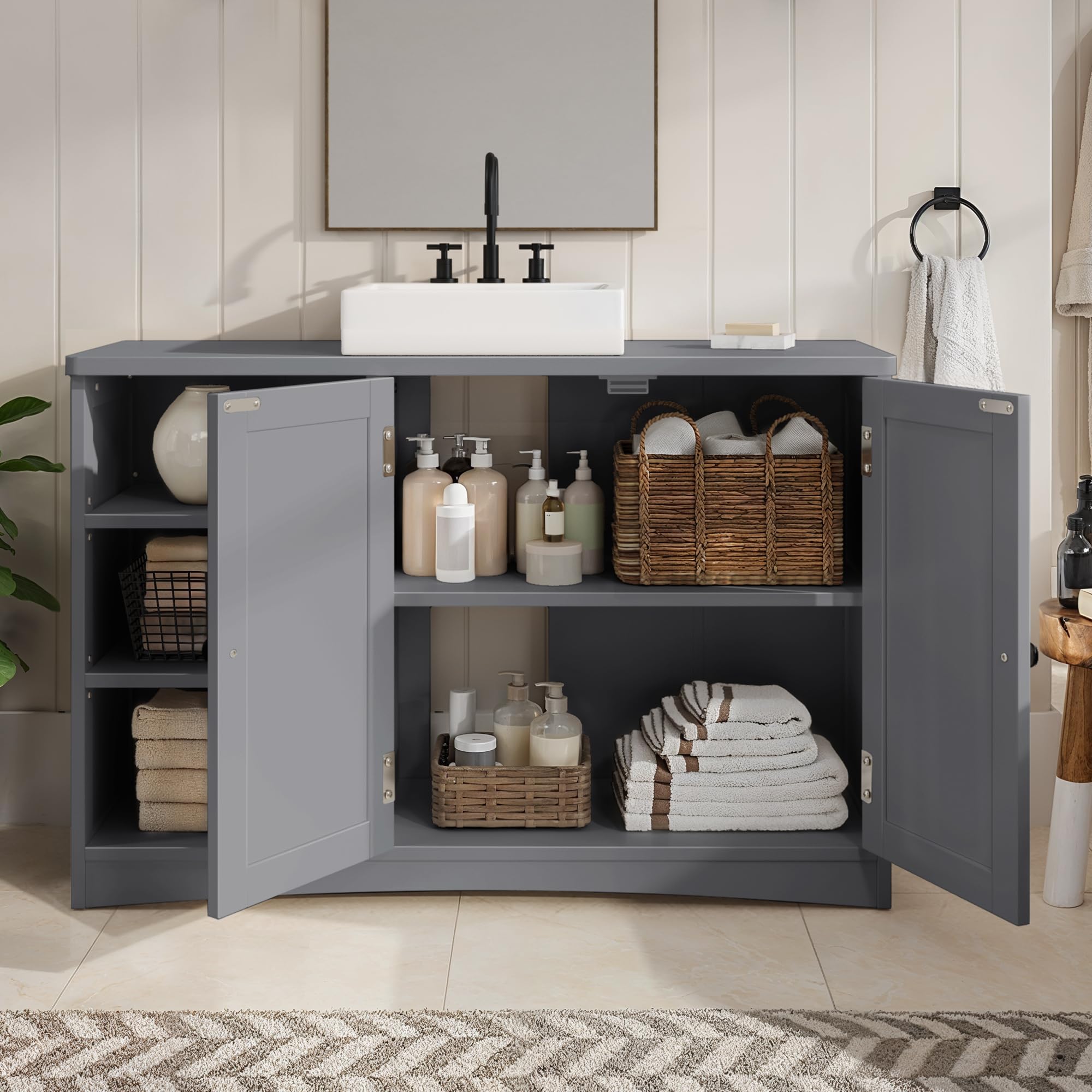 Bealife Waschbeckenunterschrank, Badezimmerschrank 90 x 30 x 60 cm, mit 2 Türen, 5 Fächern und höhenverstellbarem Einlegeboden in 3 Stufen, Magnetverschluss, viel Stauraum, wasserabweisend (Grau)