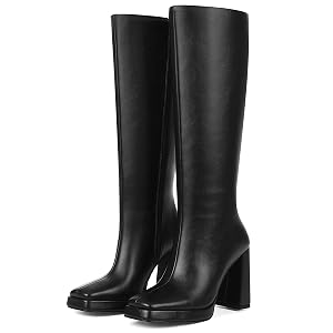 mikarka Knee High Boots for Women Block High Heel Tall Boots - Side Zip Square Toe Vegan Leather