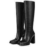 mikarka Knee High Boots for Women: Block High Heel Tall Boots - Side Zip Square Toe Vegan Leather Heeled Platform Long Fall Boots