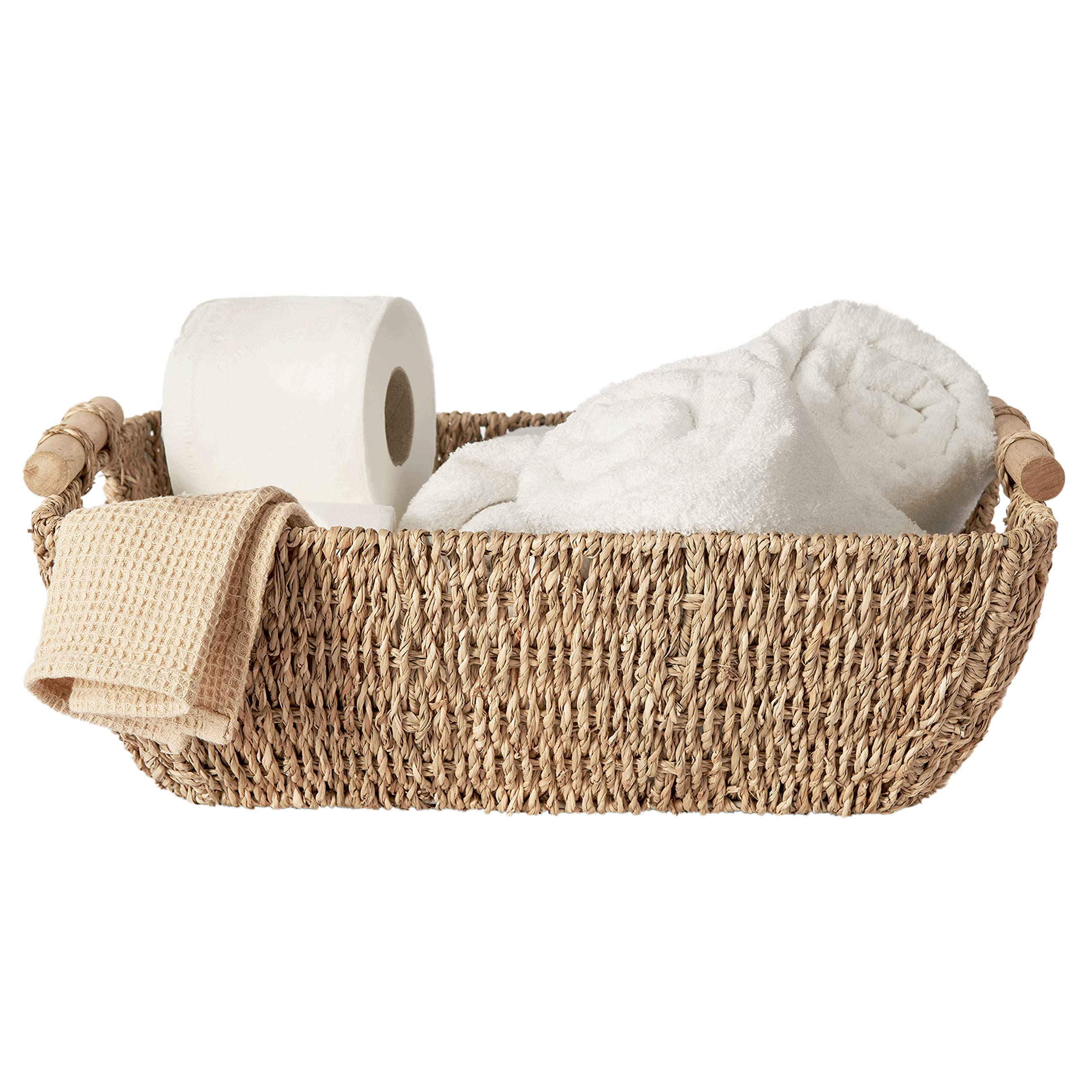 Artera Shallow Wicker Storage Basket - Large Woven Seagrass Baskets with Wooden Handles for Bathroom, Kitchen Pantry Organizing, Perfect as Drawers, 16.9” x 13” x 6” (1, L)