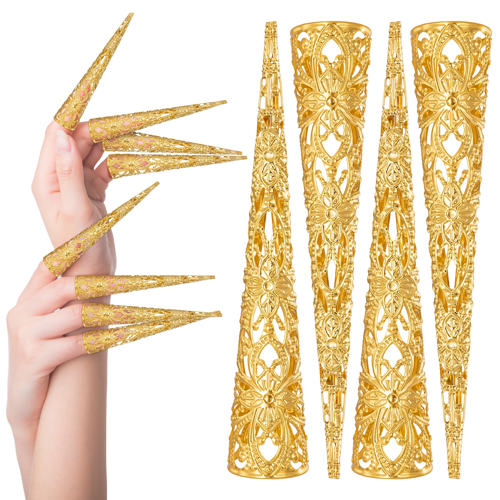 JSRQT 10 Pièces Doigt Ongle Griffe Anneaux Griffes pour Halloween Cosplay Métallique Faux Ongle Longs Doigt pour Costume d'ongle Déguisement Fingernail Claw Nail Rings Set Doré Ancienne Reine Costume