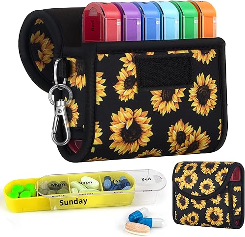 bvya Estuche organizador de pastillas, pastillero de viaje semanal, recordatorio de medicamentos diario AM PM, día noche 7 compartimentos, para 4