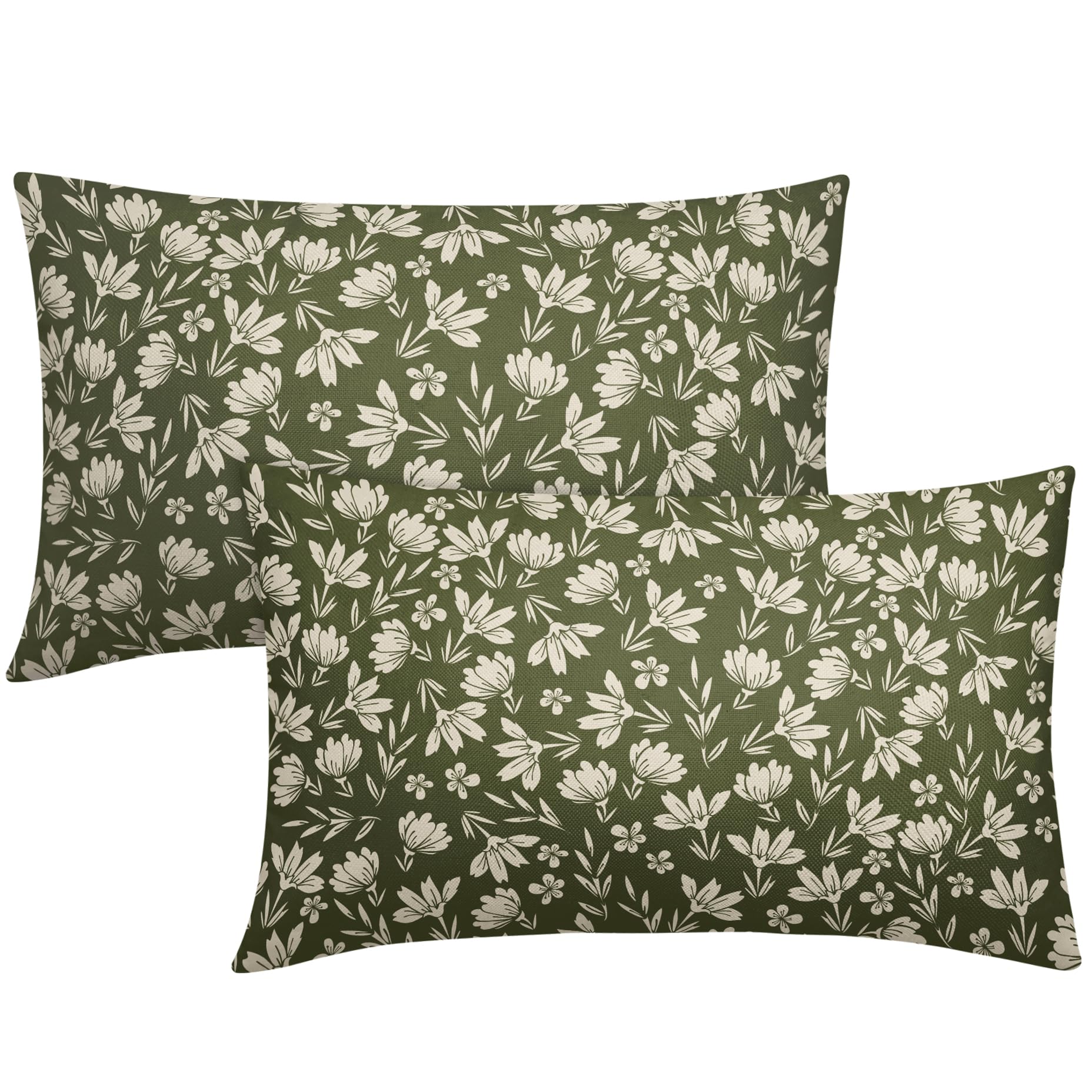 Aytipun Olive Green Pillow Covers 12x20 Set of 2 Vintage Floral Rustic Old Style Cute Flower Print Rectangle Decorative Outdoor Pillowcases Seasonal