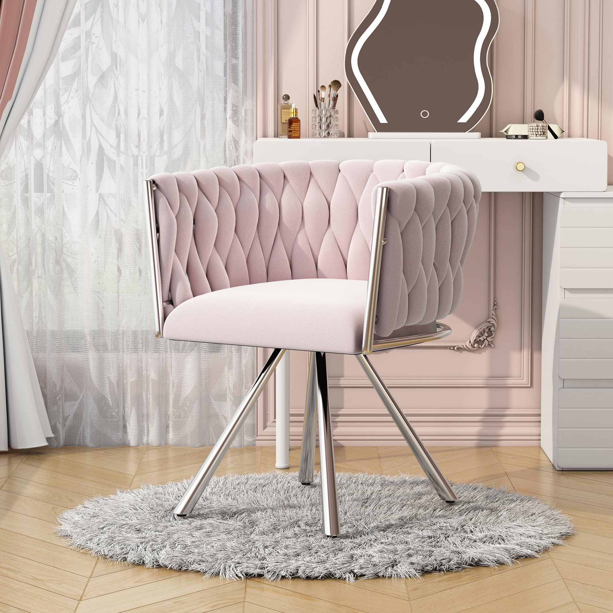 KAZZIO Sedia da trucco in velluto, 1 pezzo, singola sedia girevole per camera da letto, per il tempo libero, quattro gambe di supporto in metallo (1, rosa)