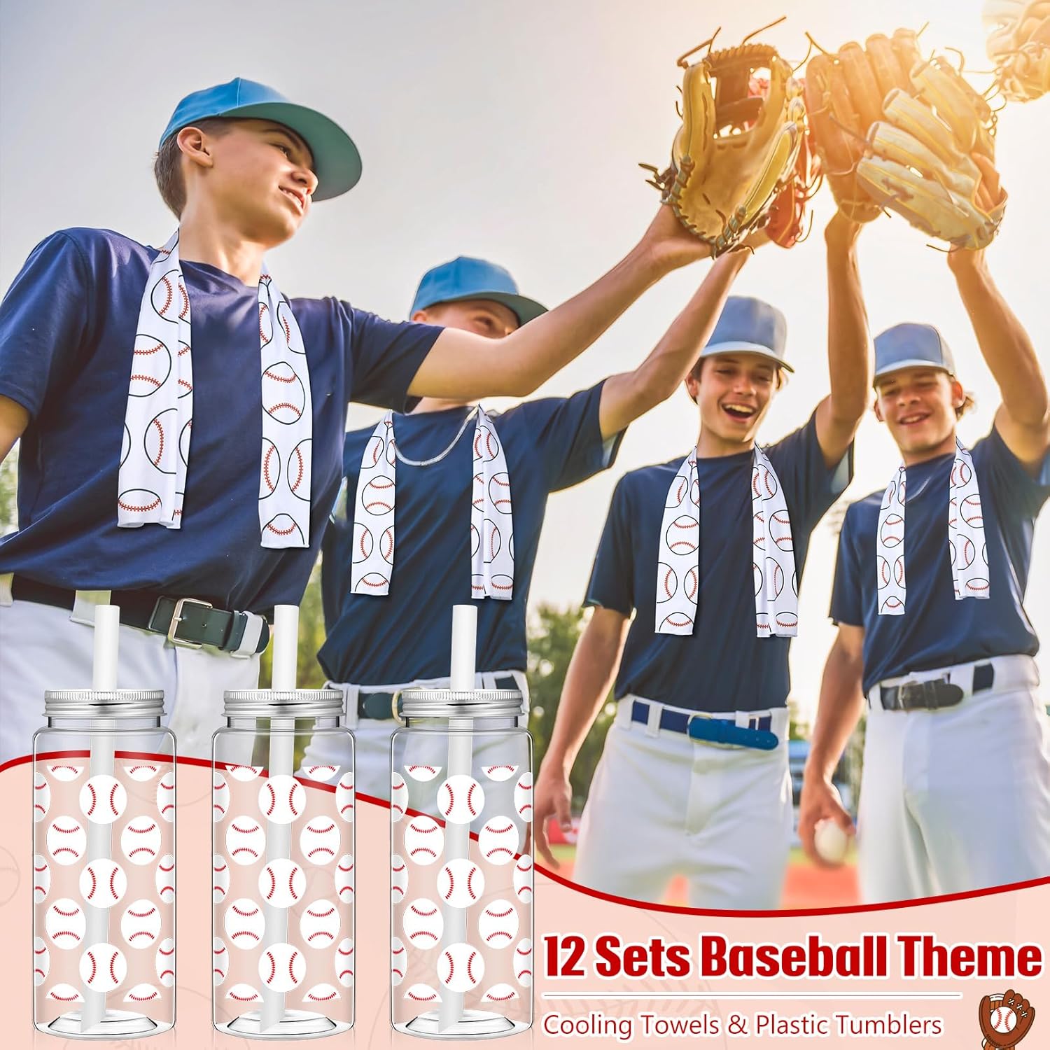 24 Pack Baseball Team Gifts Include 12 Baseball Cooling Towels 12 Plastic Tumbler 40"x12" Breathable Chilly Towel 13.5oz Reusable Cups with Lid and Straw for Sports Party (White, Baseball)