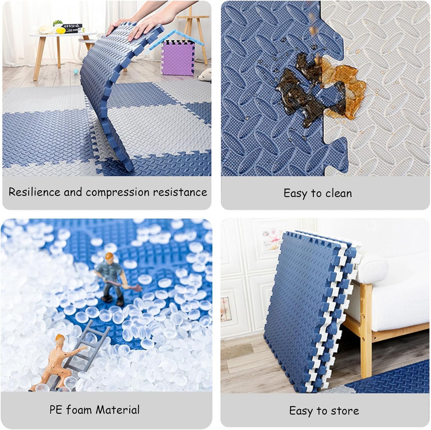 Ineinandergreifende Eva-Schaumstoff-Puzzlematten, 30 x 30 cm, quadratische Schaumstoff-Bodenfliesen, schützende Spiel- und Bewegungsmatte, Marineblau-Grau-Beige, 40 Stück