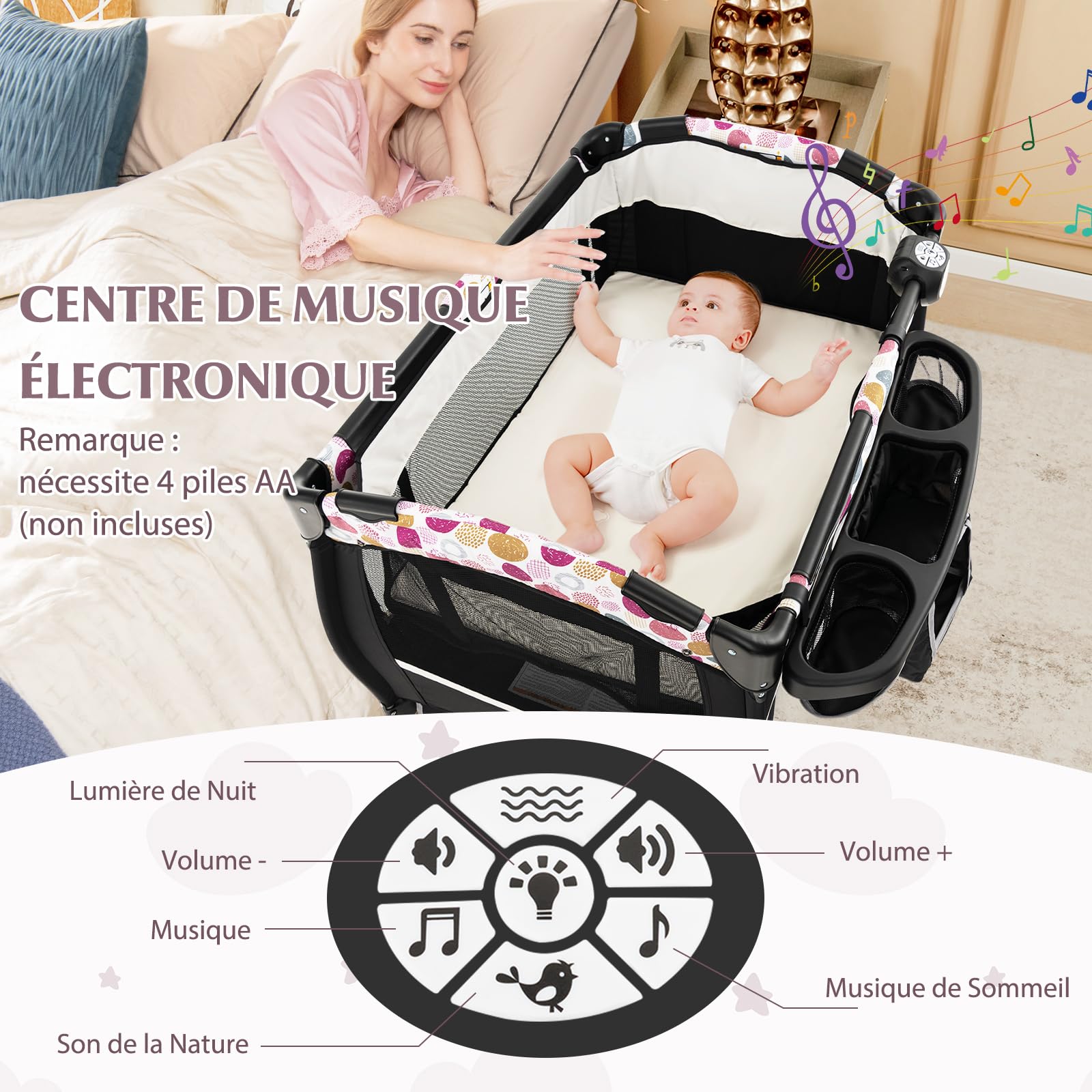 DREAMADE Lit Parapluie Bébé avec Matelas,4 en 1 Lit de Voyage 102x73x80CM Tout-Petites 0-3Ans avec Roues Verrouillables,Auvent Réglable,Poche,Porte-Couches,Sac de Transport (Noir+Cercle)