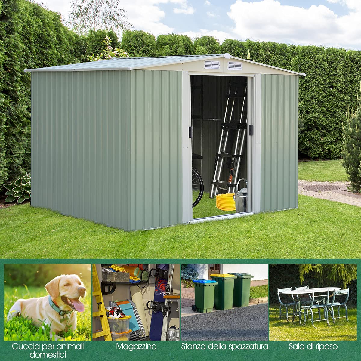 GYMAX Casetta da Giardino 4,75㎡ in Acciaio Zincat, Capanno Porta Attrezzi con 4 Feritoie, Doppie Porte Scorrevole e Rampa (4,75㎡/Verde)
