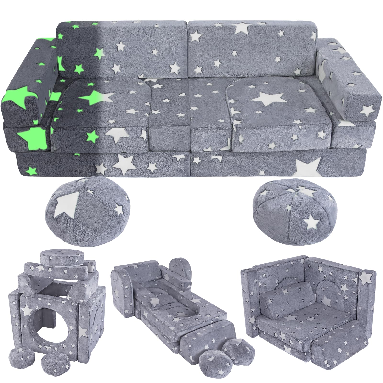Olasme 13PCS Kids Play Couch, Foam Modular Kids Sofa, Glowing Toddler Couch Convertible Baby Play Sofa for Playroom Bedroom (Gray)