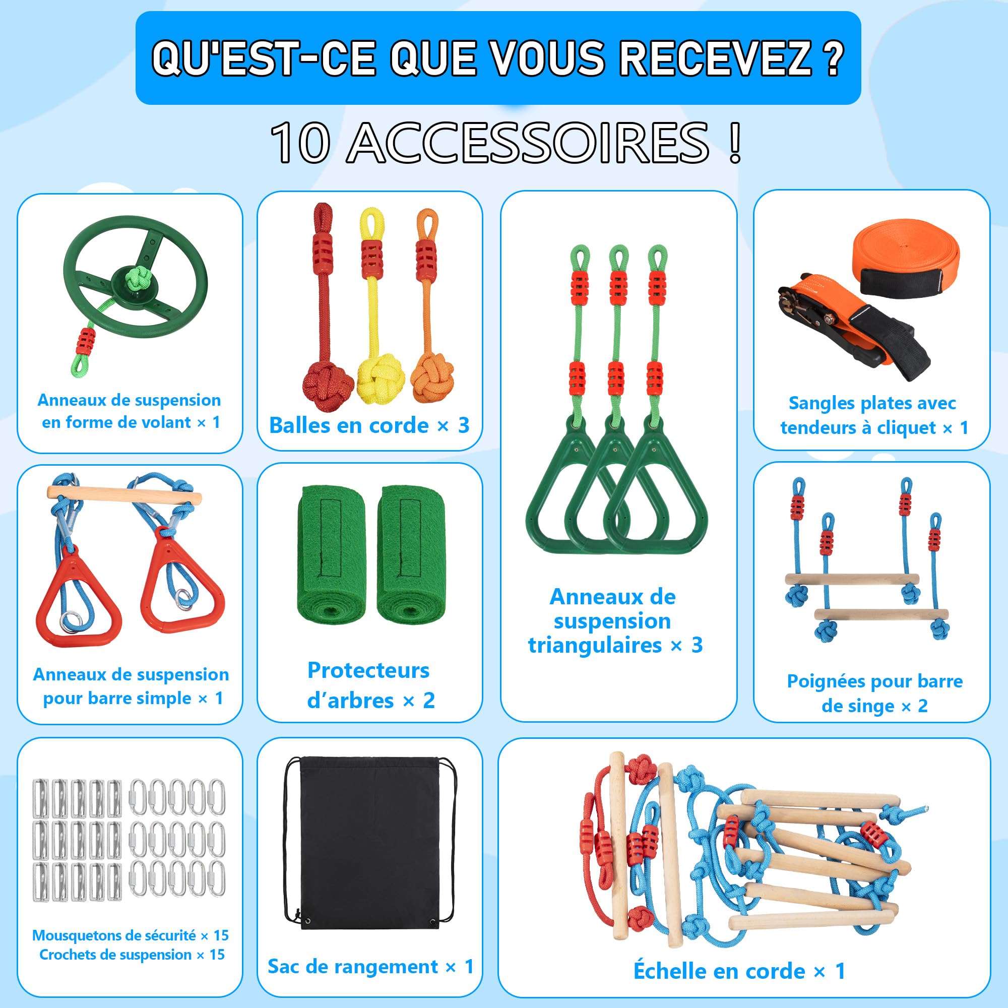 Slackline Kit pour Enfants, 15M Ninja Parcours d'obstacles pour Filles et Garçons, Comprend Échelles, Nœuds de Corde, Roues de Ninja, Anneaux de Suspension, Échelles d'escalade, etc
