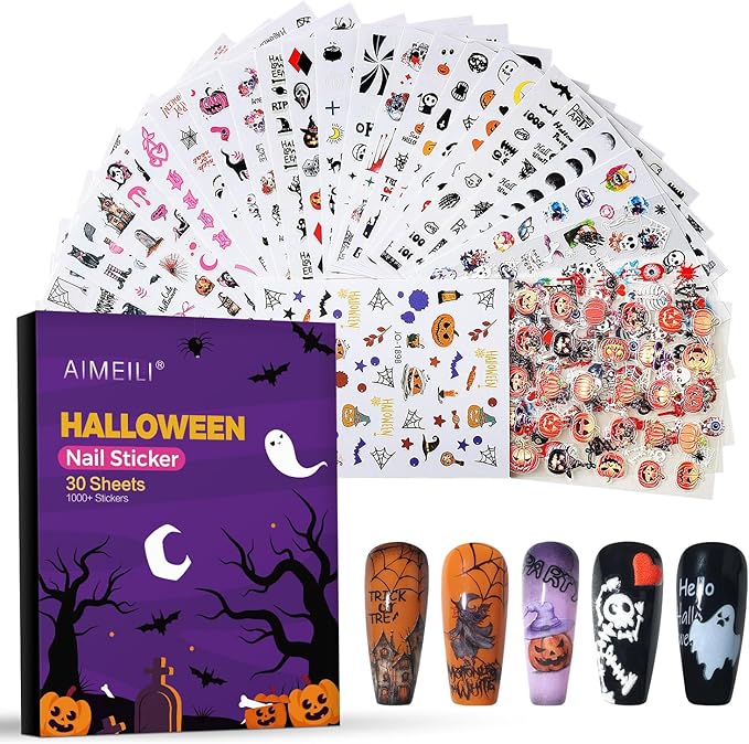 AIMEILI Halloween Nail Stickers - 3D Designs: Ghost, Skull, Spider, Pumpkin - DIY Holiday Nail Art, 30 Sheets