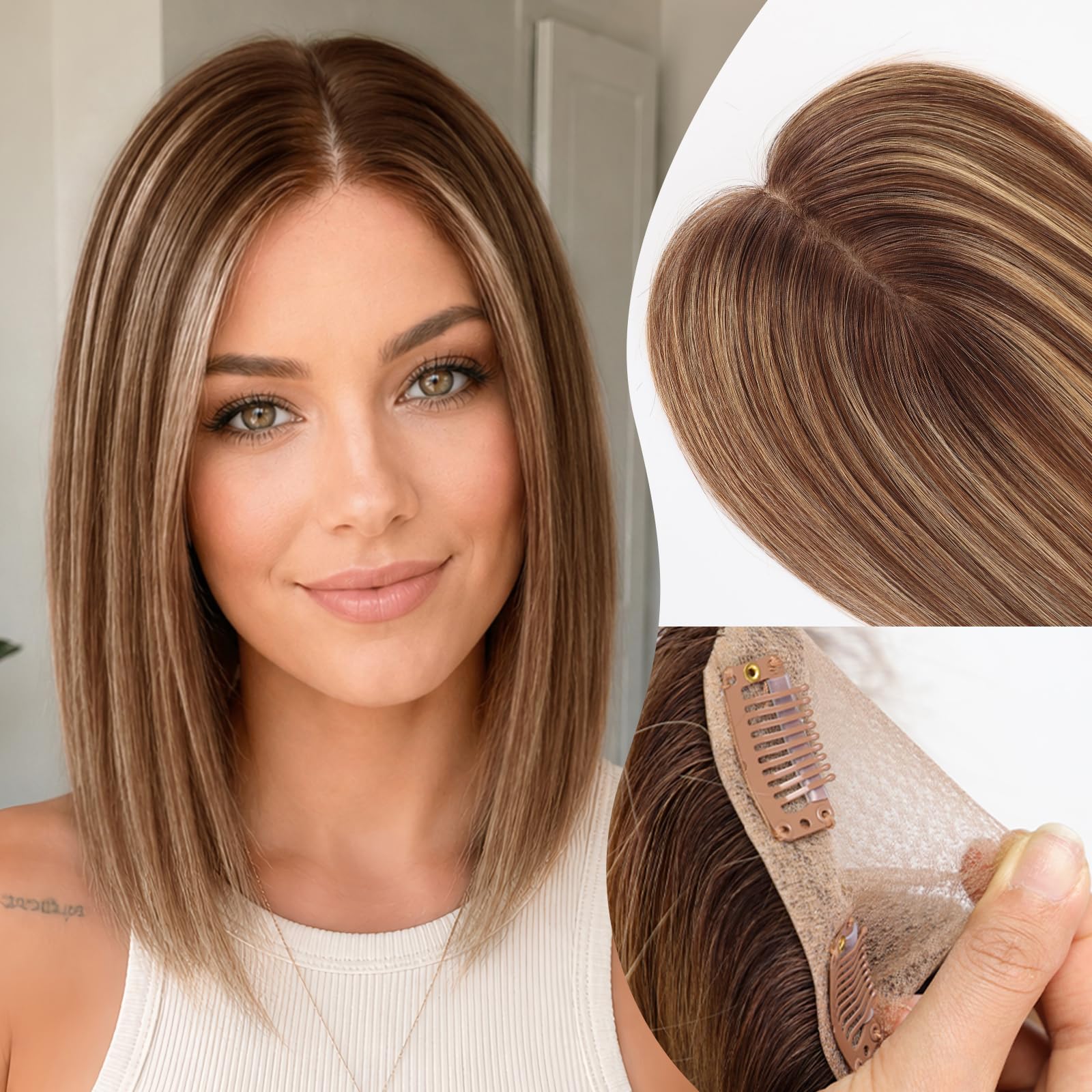 HAIRCUBE Human Hair Toppers for Women Real Human Hair 4 * 5.5 inch Base 12 inch HairTopper for Women with Thinning Hair Cover Grey Roots No Bangs&Medium Brown B