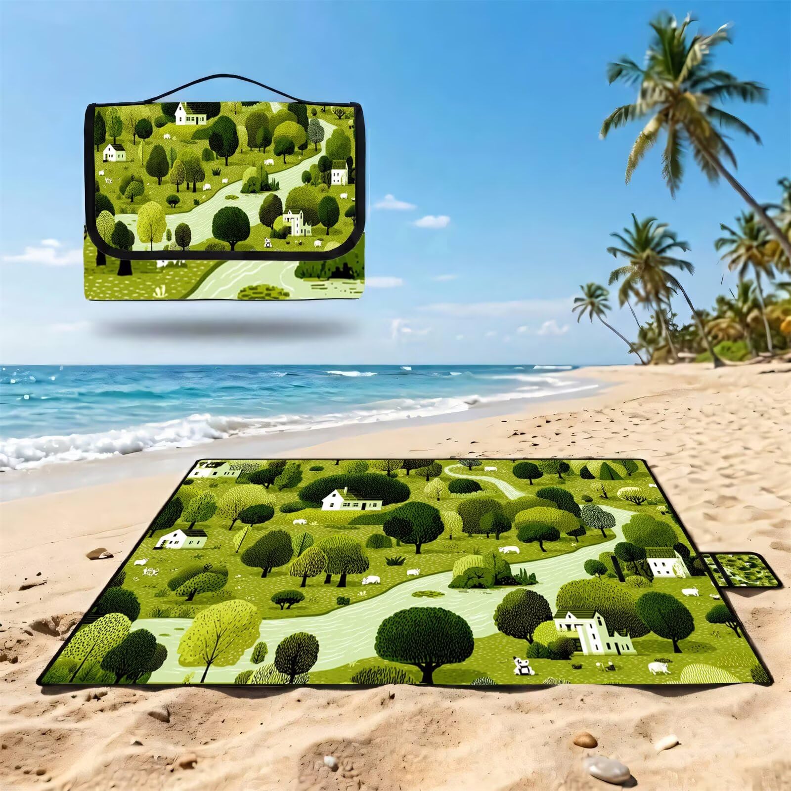 Couverture Pique Nique Grande 200x300cm,Outdoor Couverture Imperméable,Pliable Tapis de Plage Dos en PVC Anti-Sable,Picnic Blanket pour Camping Accessoires,Jardin,Parc,Famille - Ferme verte (1) UZ-582