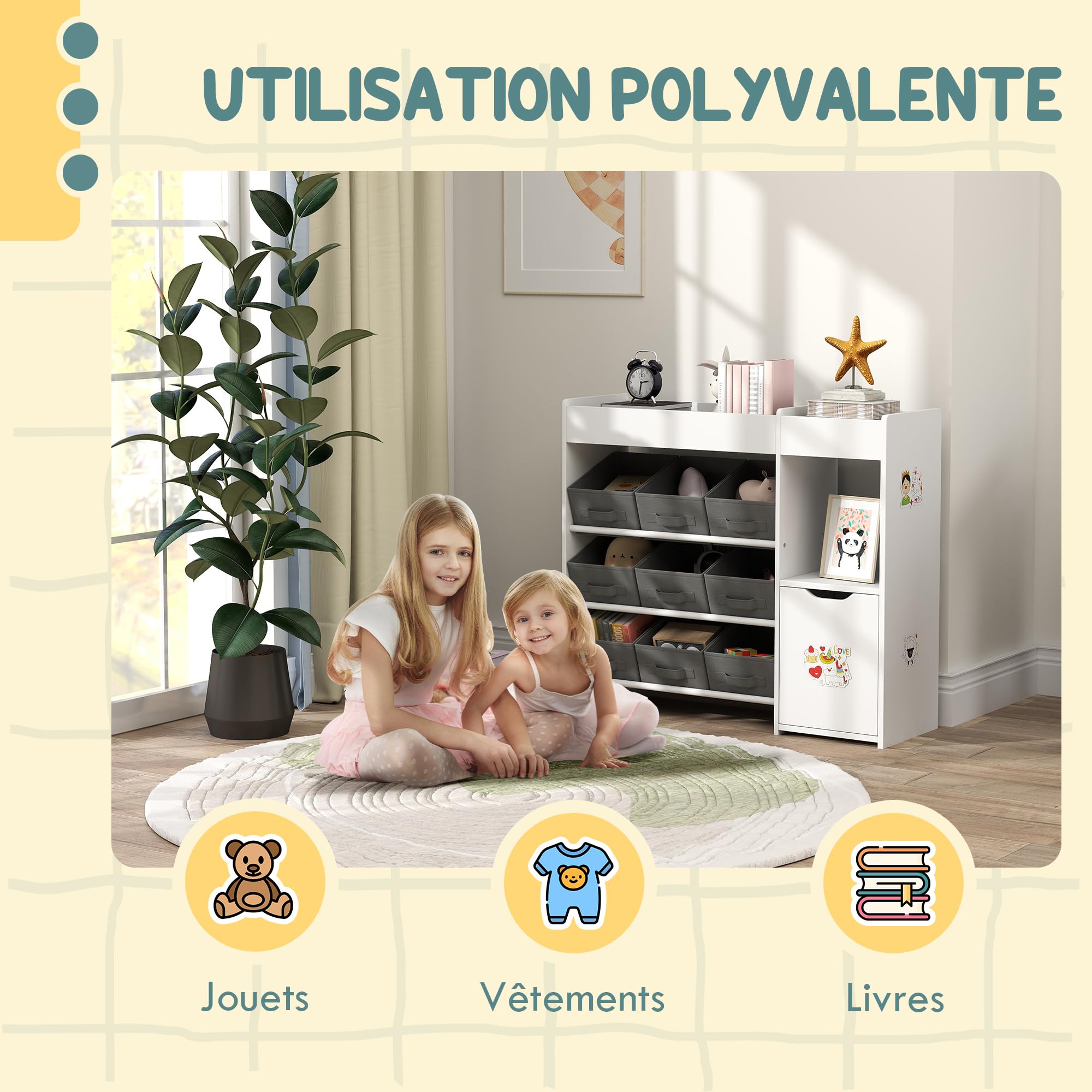 AIYAPLAY Meuble Rangement Enfant étagère de Rangement pour Jouets Enfants avec 9 tiroirs en Tissu et Placard pour Chambre d'enfant, Salle de Jeux, garderie, Blanc