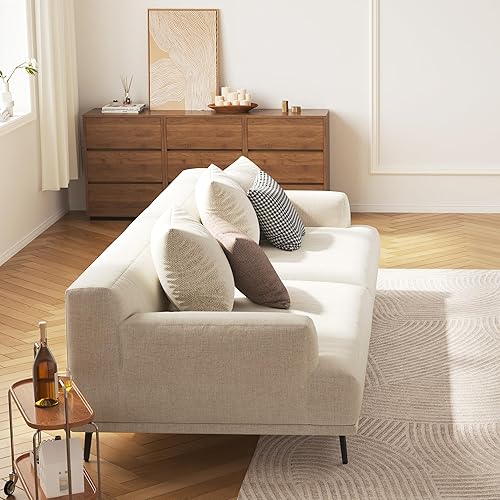 Miniatura 4 de Sofá de sala de estar de 3 plazas, moderno sofá modular de ocio con marco de madera y patas de metal, tela suave de algodón y lino, fácil