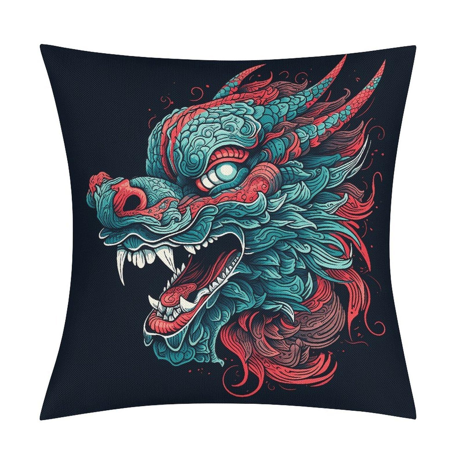 Fodpand Style Dragon Head Pattern Pillow Covers 18X18 Inch, Pillow Cases Boho Farmhouse, Throw Pillow Covers For Couch Sofa Bed Spring Home Decor