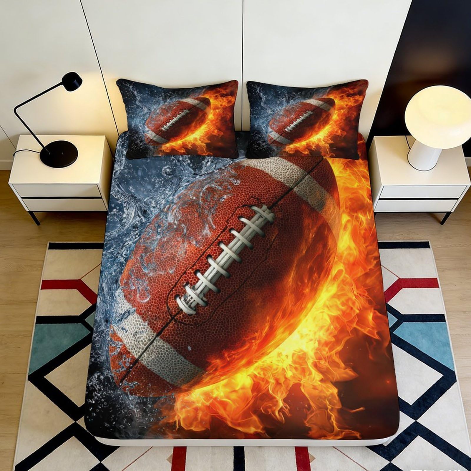 3D Printed Fire Football Fitted Sheet Microfiber Soft Breathable Water Splash Bed Sheet for Bedroom Guest Room Decor 90x200x25cm