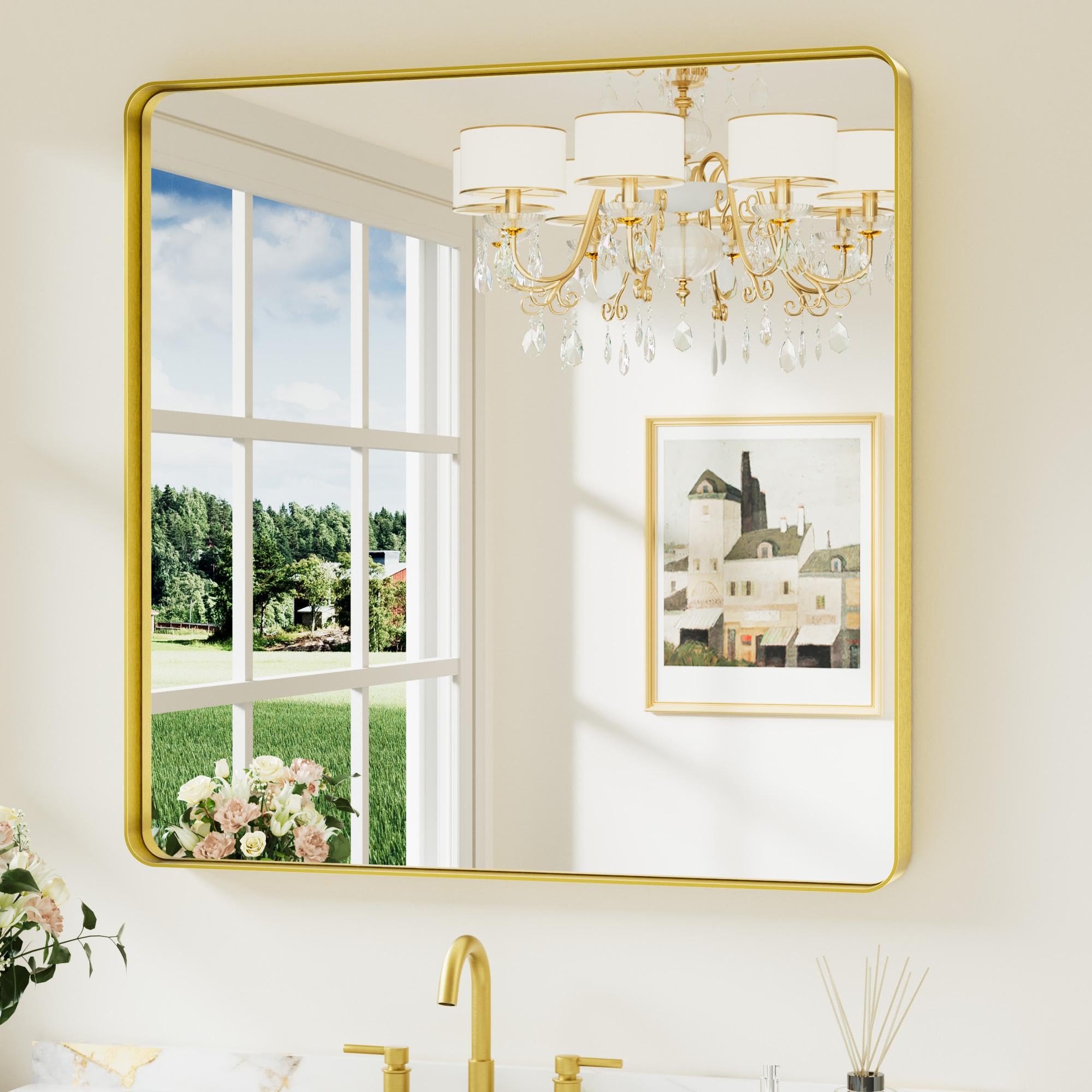 Keonjinn Badezimmerspiegel Schwarz/Gold/Nickel, Wandspiegel Badspiegel mit Metallrahmen, Gehärtetes Glas Rechteckiger Spiegel Flur für Badezimmer, Wohnzimmer, Schlafzimmer, Wanddekoration