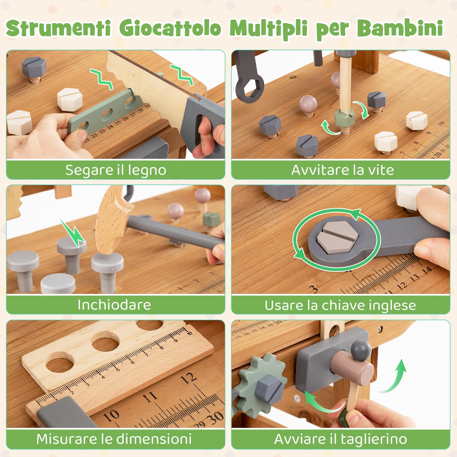 COSTWAY Banco da Lavoro in Legno per Bambini, Carrello 2 in 1 con Accessori Realistici, Maniglia Portatile, Cappottina Superiore e Porta Attrezzi, Tavolo da Lavoro Giocattolo Officina 3+ Anni