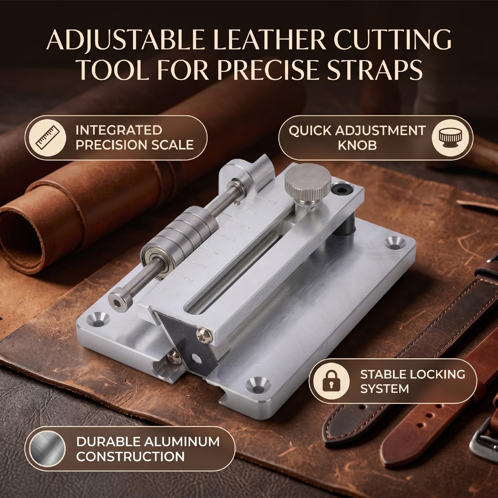 Luocute Cortador de Tiras de Cuero Ajustable de 80 Mm con Regla de Escala de Precisión, Herramienta de Corte de Cuero para Cortar Correas, Cinturones y Correas de Reloj